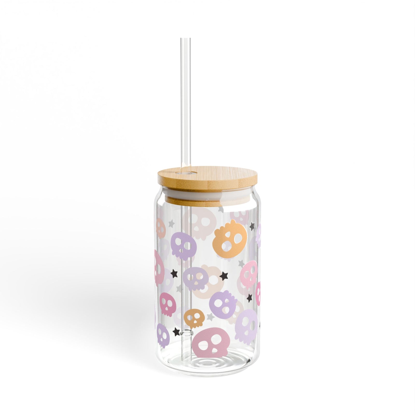 Spooky Pastel Skulls Halloween Sipper Glass 16oz Reusable Drink Jar with Lid & Straw