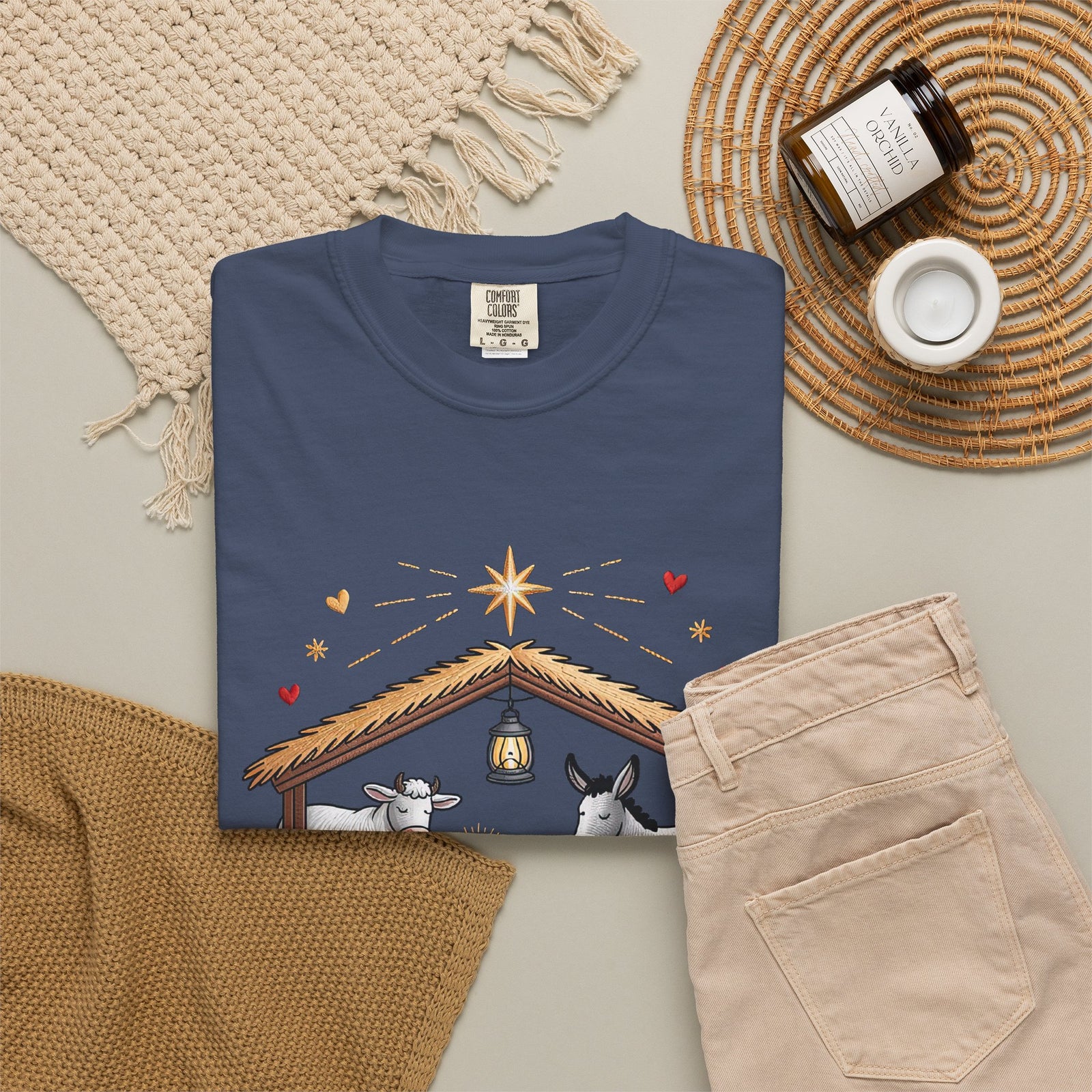 Christ the Savior is Born Faux Embroidery T-Shirt Nativity Scene Graphic Tee