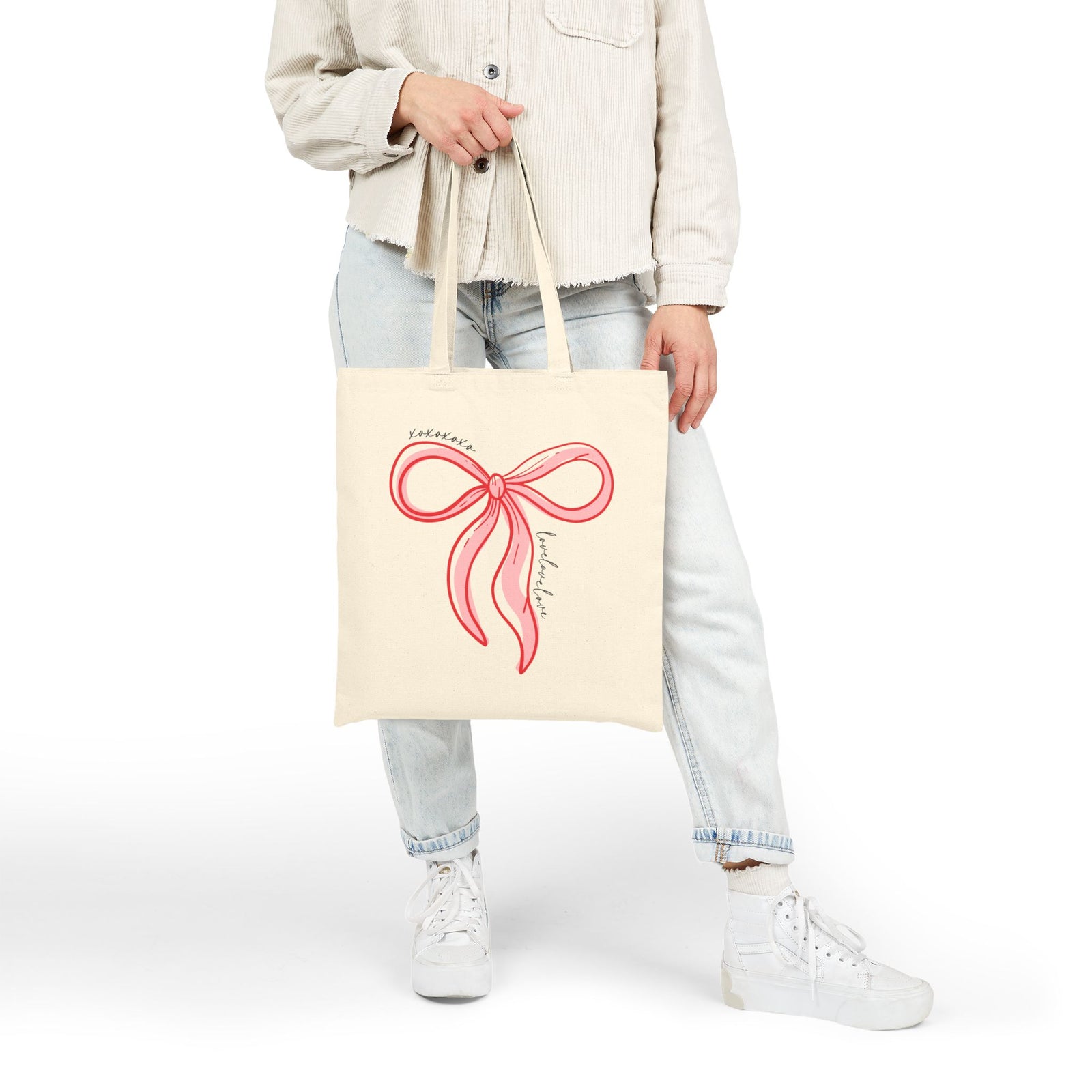 Pink Ribbon Bow XOXO Cotton Canvas Tote Bag
