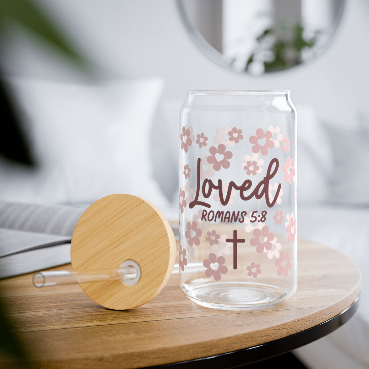 Loved Romans 5:8 Floral Christian Tumbler Sipper Glass 16oz — Reusable Drink Jar with Lid & Straw