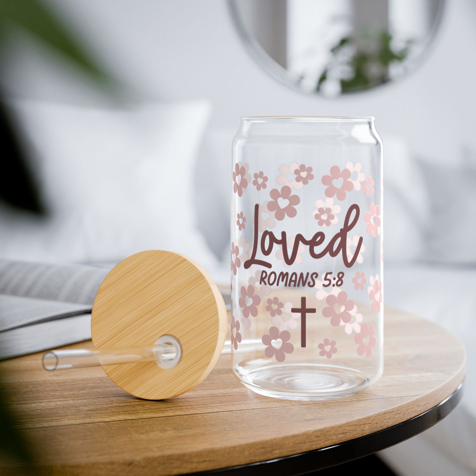 Loved Romans 5:8 Floral Christian Tumbler Sipper Glass 16oz — Reusable Drink Jar with Lid & Straw