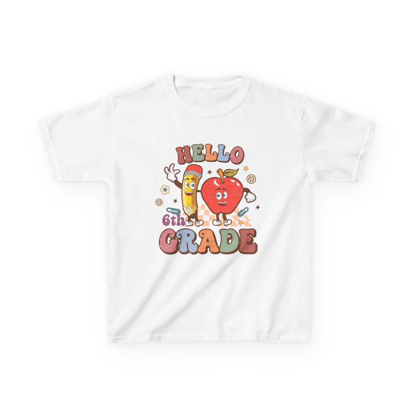 Hello 6th Grade Cute Apple & Pencil Graphic Tee Back-to-School Sixth Grade Kids T-Shirt