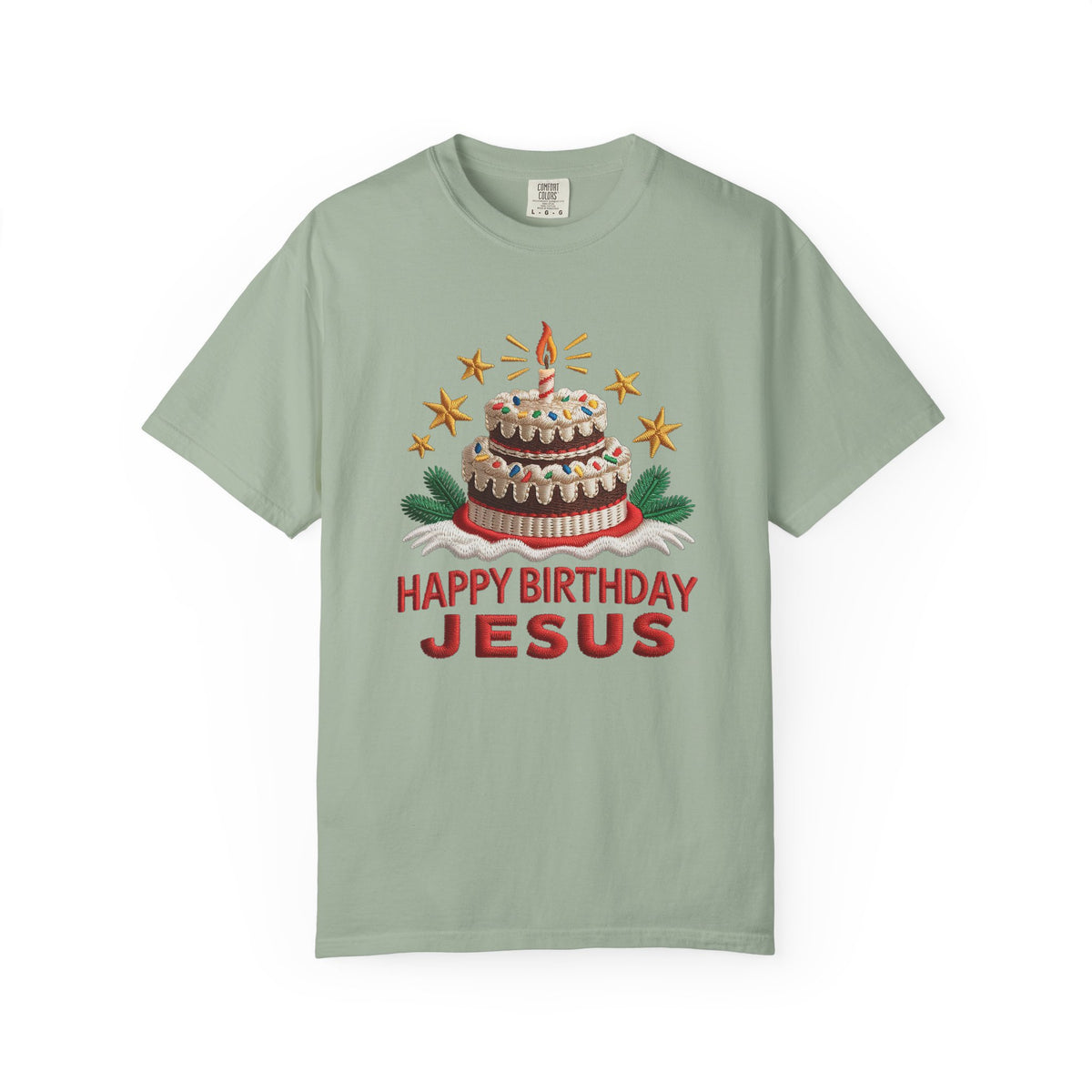 Happy Birthday Jesus Birthday Cake Faux Embroidery Tee Christmas Graphic T-Shirt