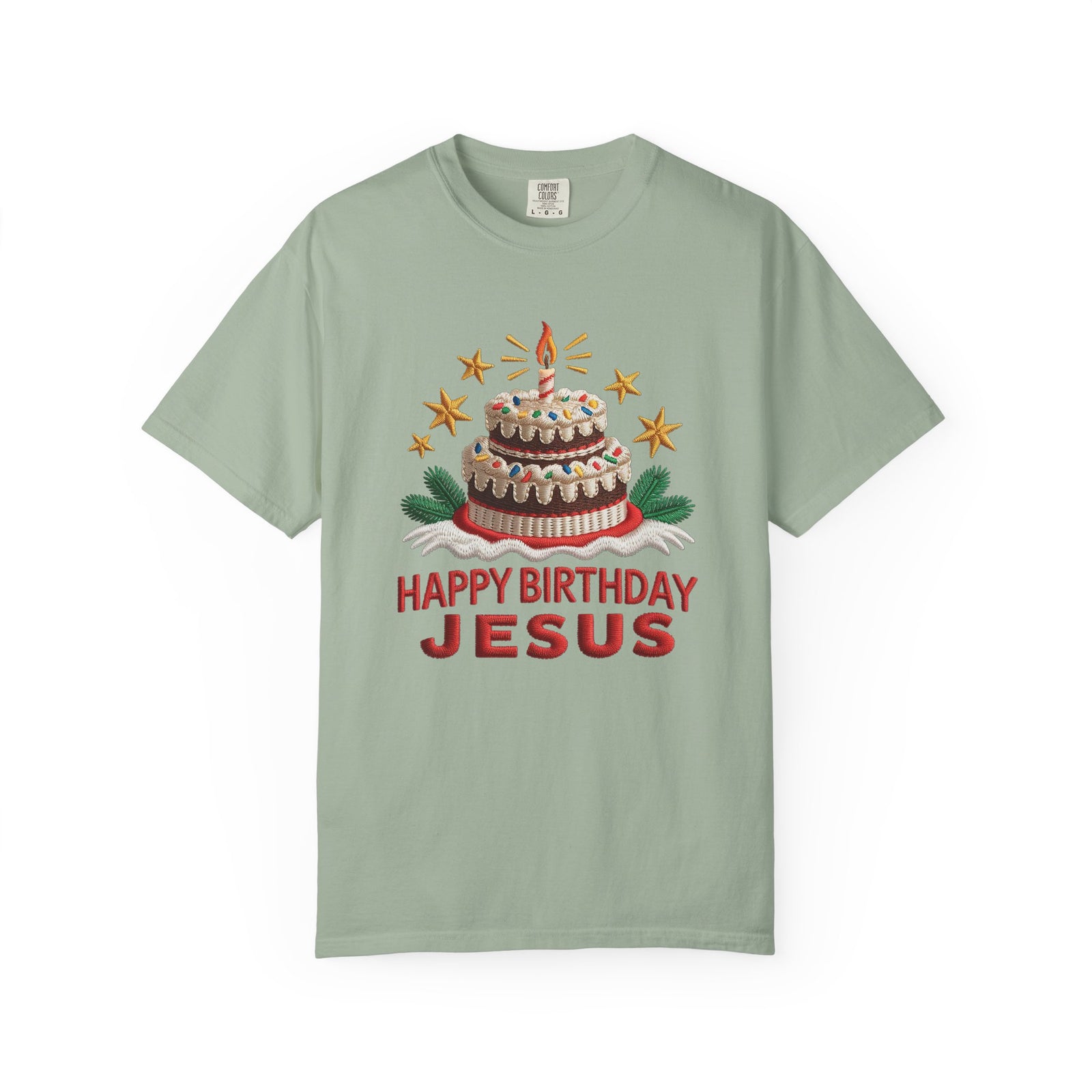 Happy Birthday Jesus Birthday Cake Faux Embroidery Tee Christmas Graphic T-Shirt