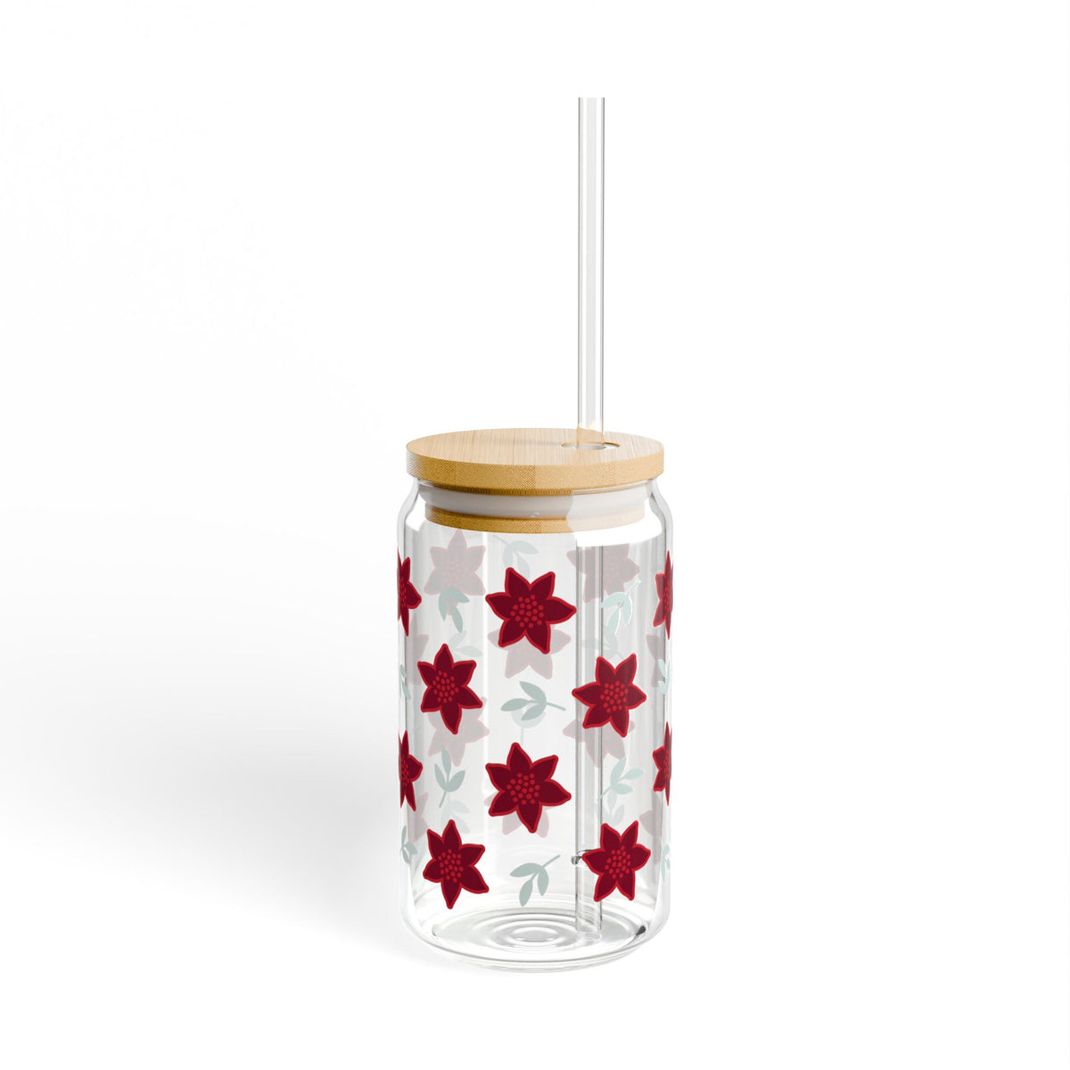 Poinsettia Christmas Flowers Sipper Glass 16oz Reusable Drink Jar with Lid & Straw