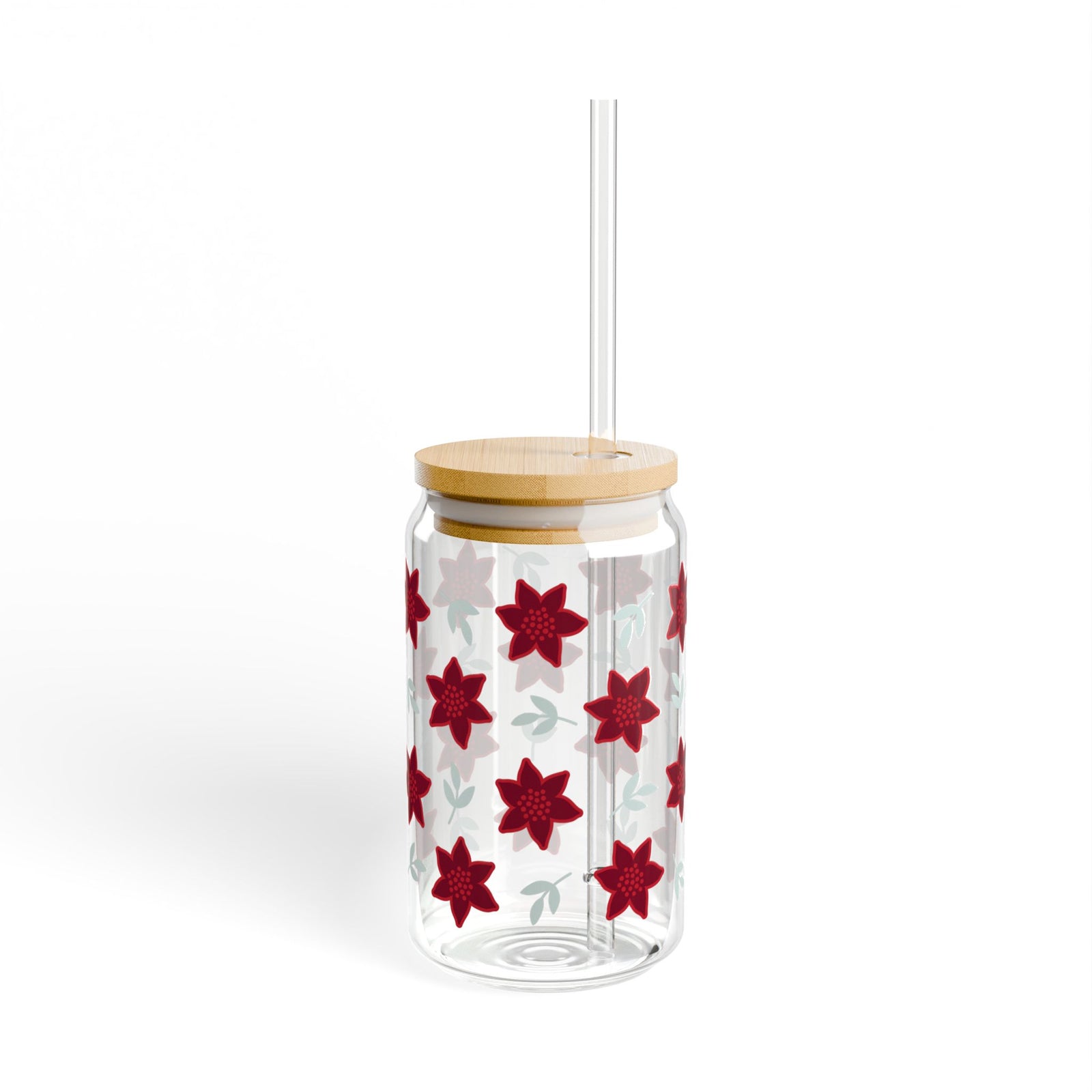 Poinsettia Christmas Flowers Sipper Glass 16oz Reusable Drink Jar with Lid & Straw