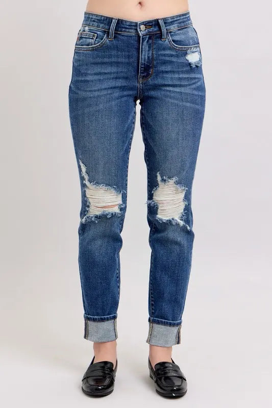Judy Blue Full Size Mid Rise Boyfriend destroy Jeans with Yoke Pockets and Faux Selvedge Cuff Plus Size - Sydney So Sweet