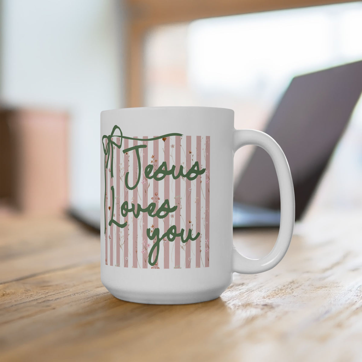 Jesus Loves You Pink Stripe Inspirational Ceramic Mug Coffee Cup (11oz & 15oz)