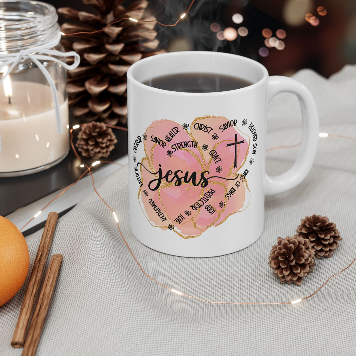 Jesus Strength & Grace Ceramic Mug — Pink Watercolor Cross Inspirational Coffee Cup (11oz/15oz) - Sydney So Sweet