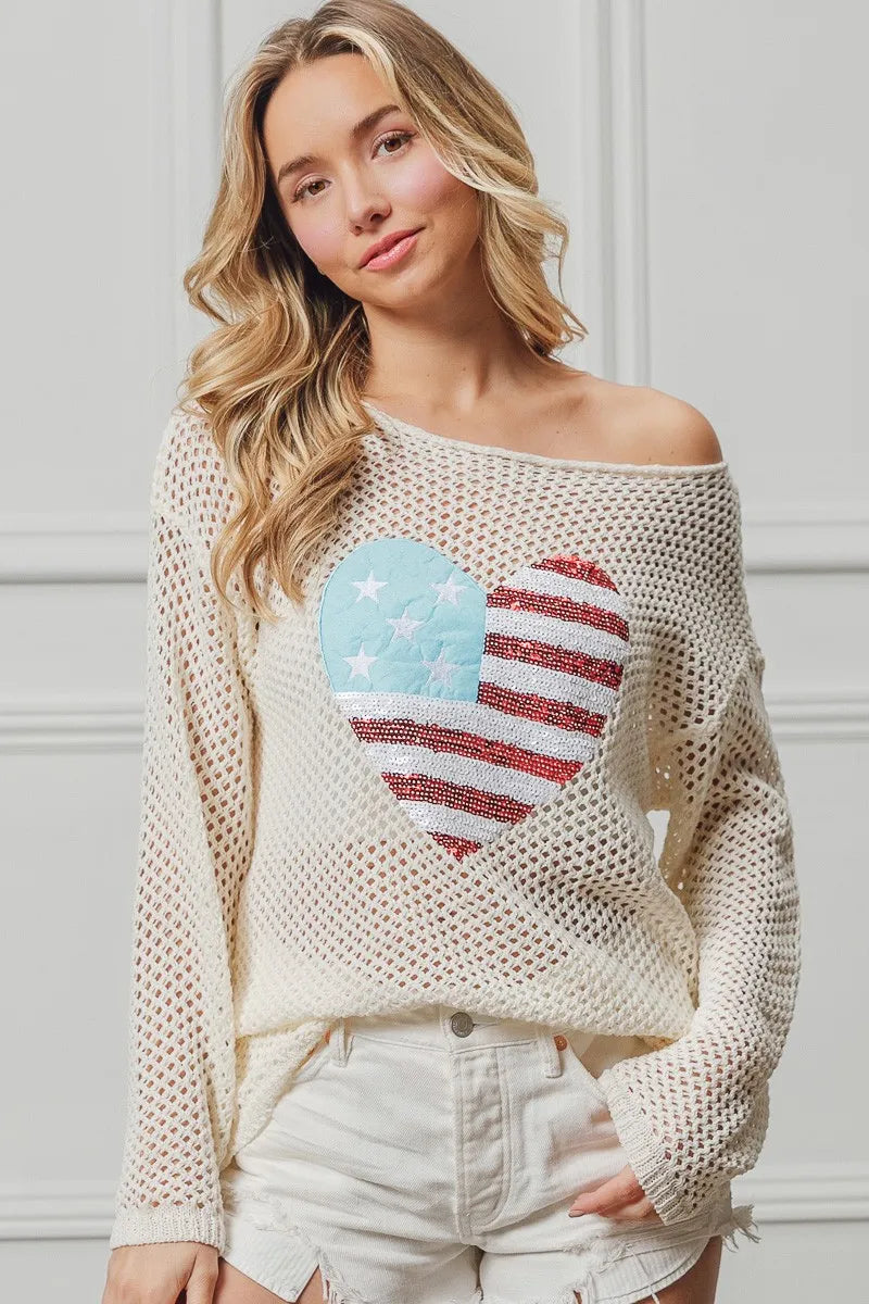 BiBi Sequin American Flag Heart Knit Up - Sydney So Sweet