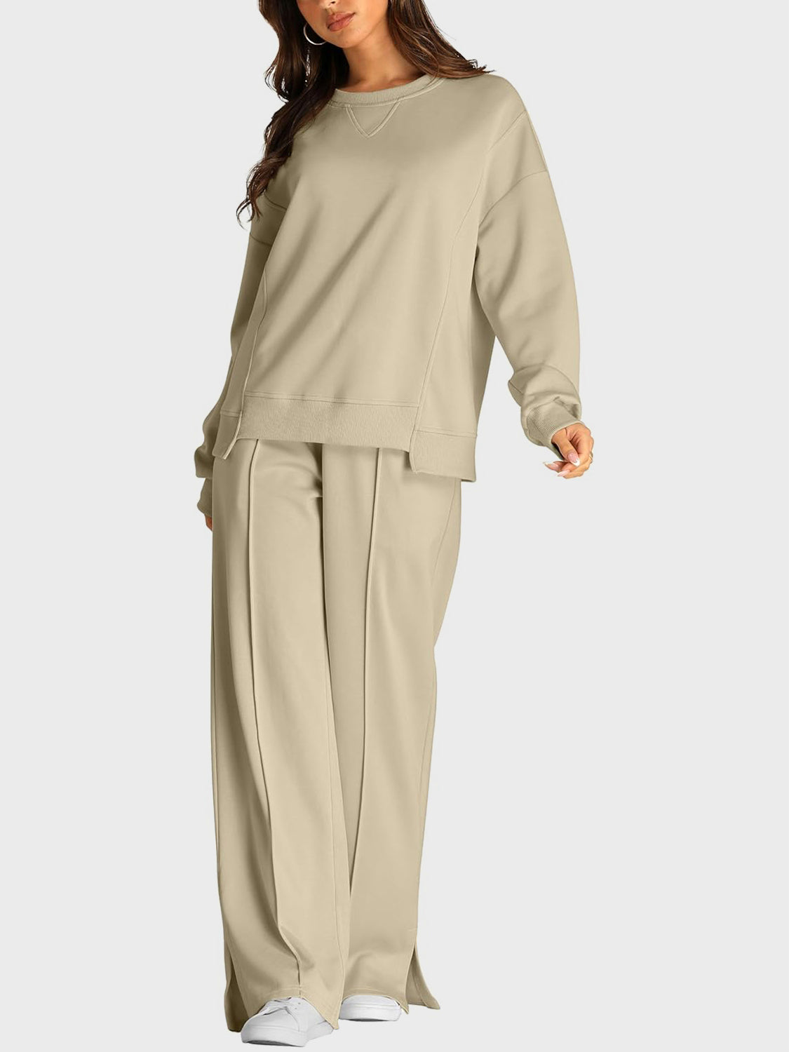 Round Neck Long Sleeve Top and Slit Pants Set - Sydney So Sweet