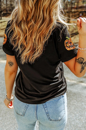 Sequin Pumpkin Round Neck Short Sleeve T-Shirt - Sydney So Sweet