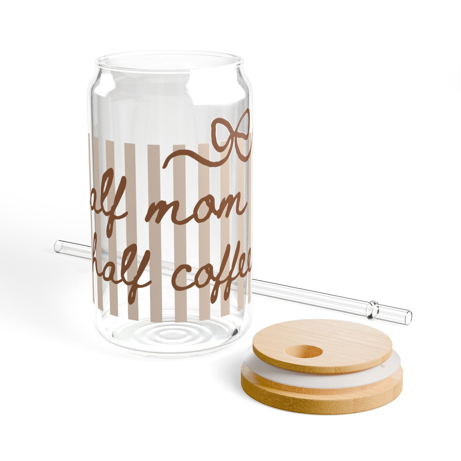 Half Mom Half Coffee Sipper Glass 16oz Reusable Drink Jar with Lid & Straw