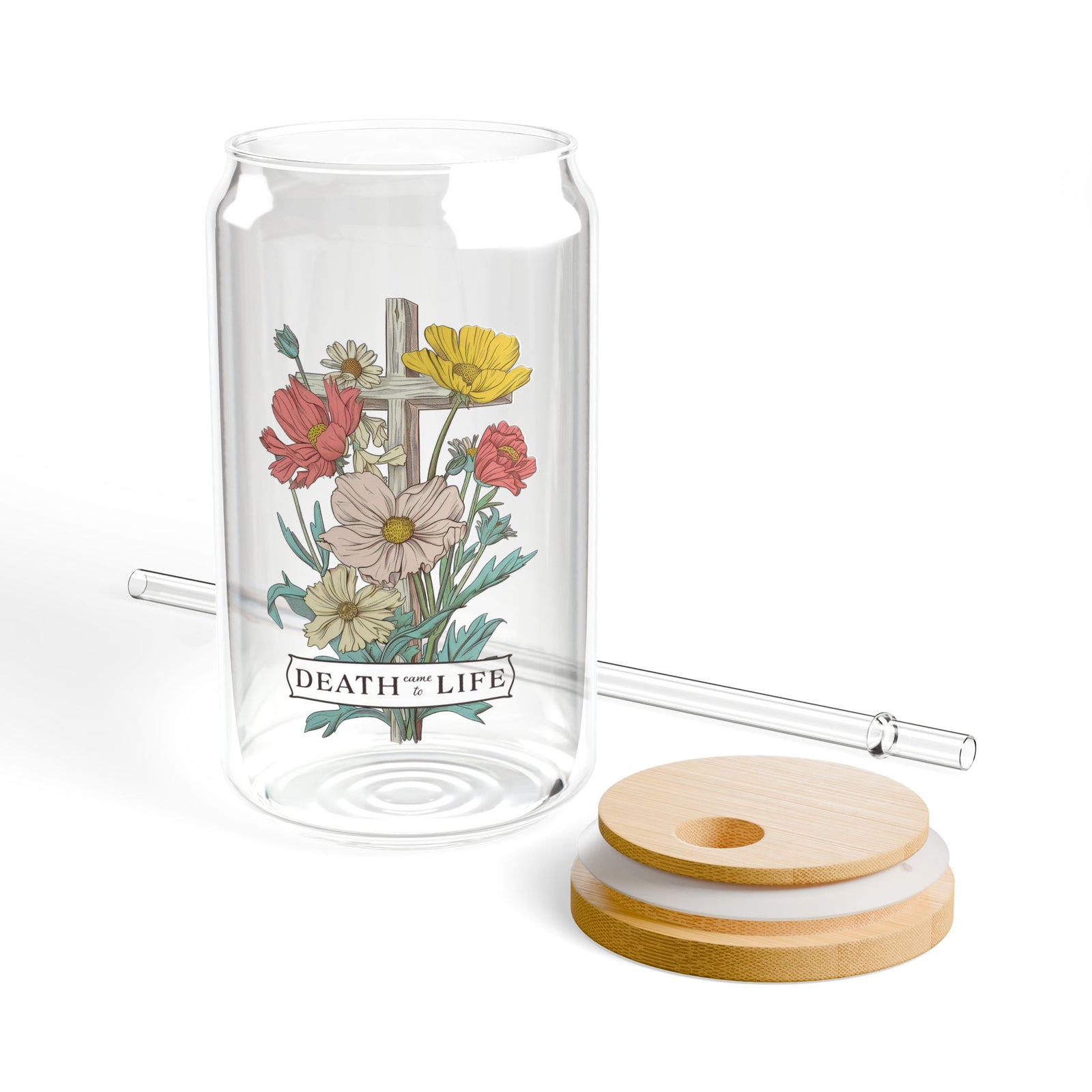 Death Came to Life Floral Cross Christian Sipper Glass 16oz Reusable Drink Jar with Lid & Straw