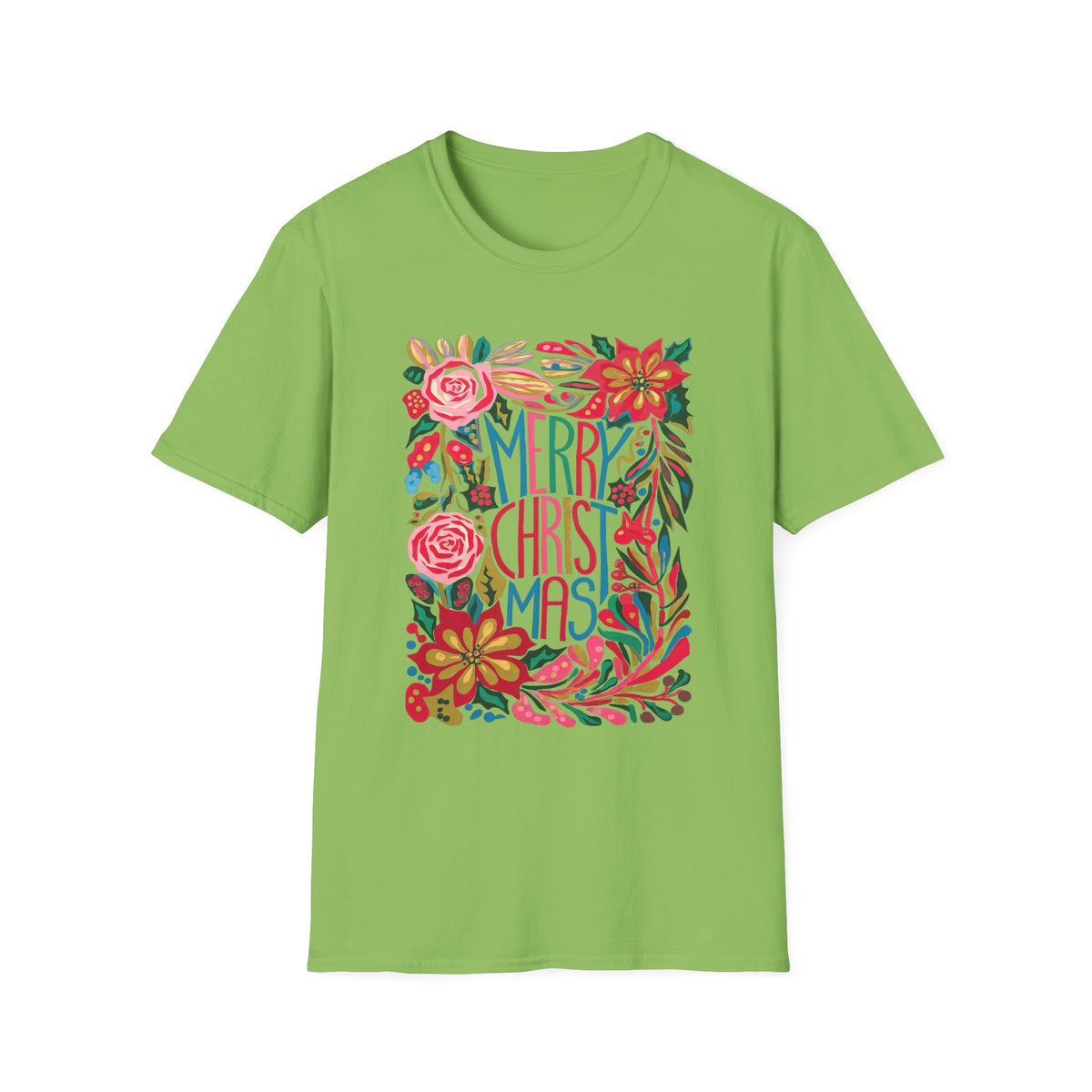 Merry Christmas Bright Holiday Florals Tee Graphic T-Shirt