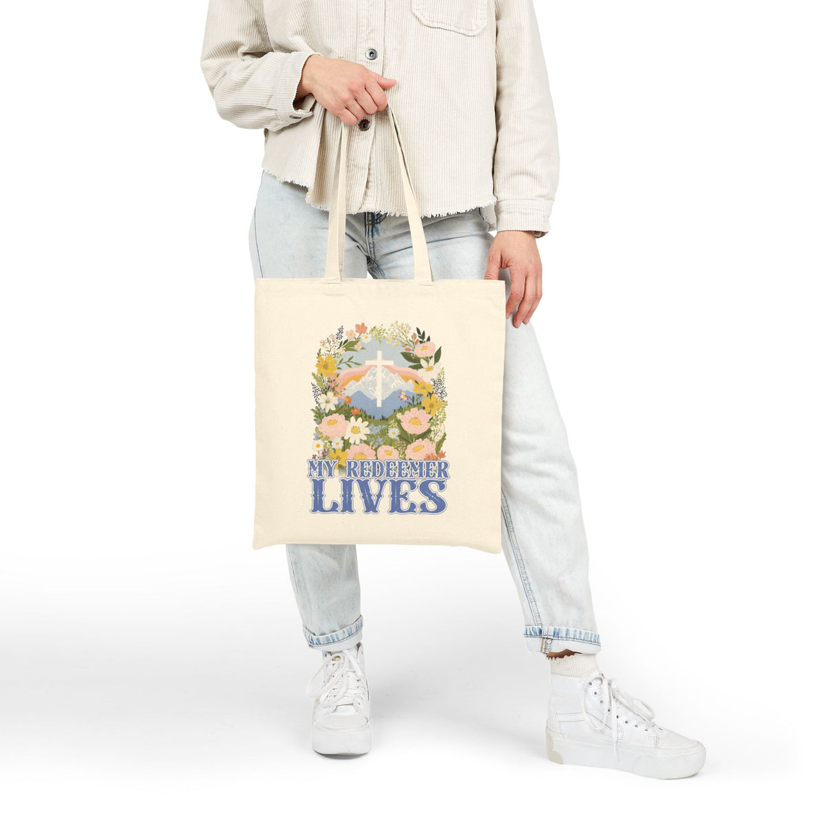My Redeemer Lives Floral Cross Christian Cotton Canvas Tote Bag