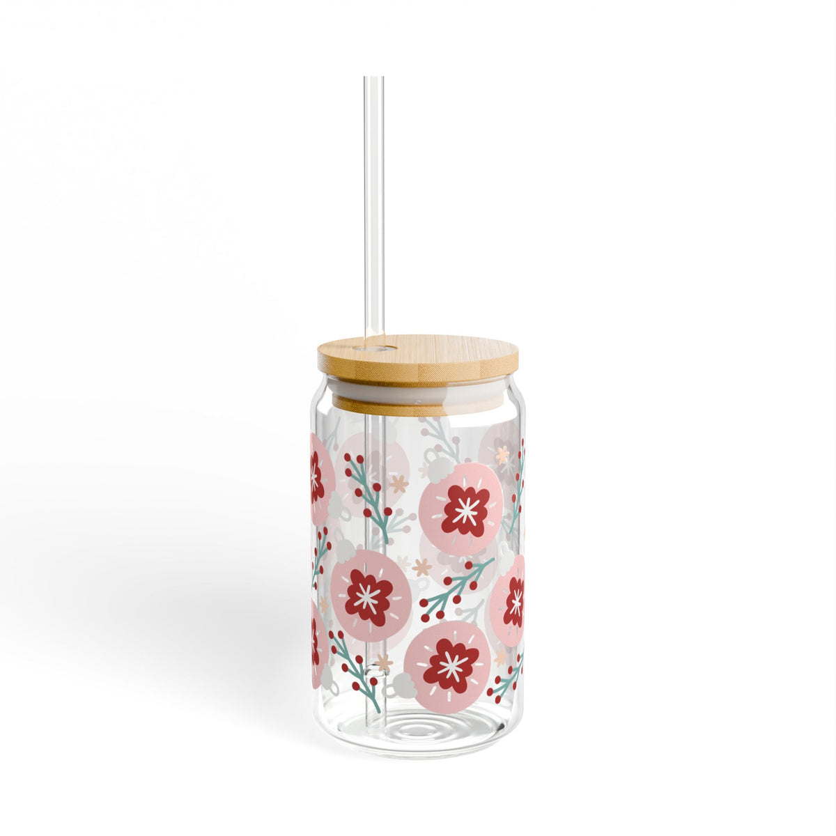 Hygge Christmas Holiday Sipper Glass 16oz Reusable Drink Jar with Lid & Straw