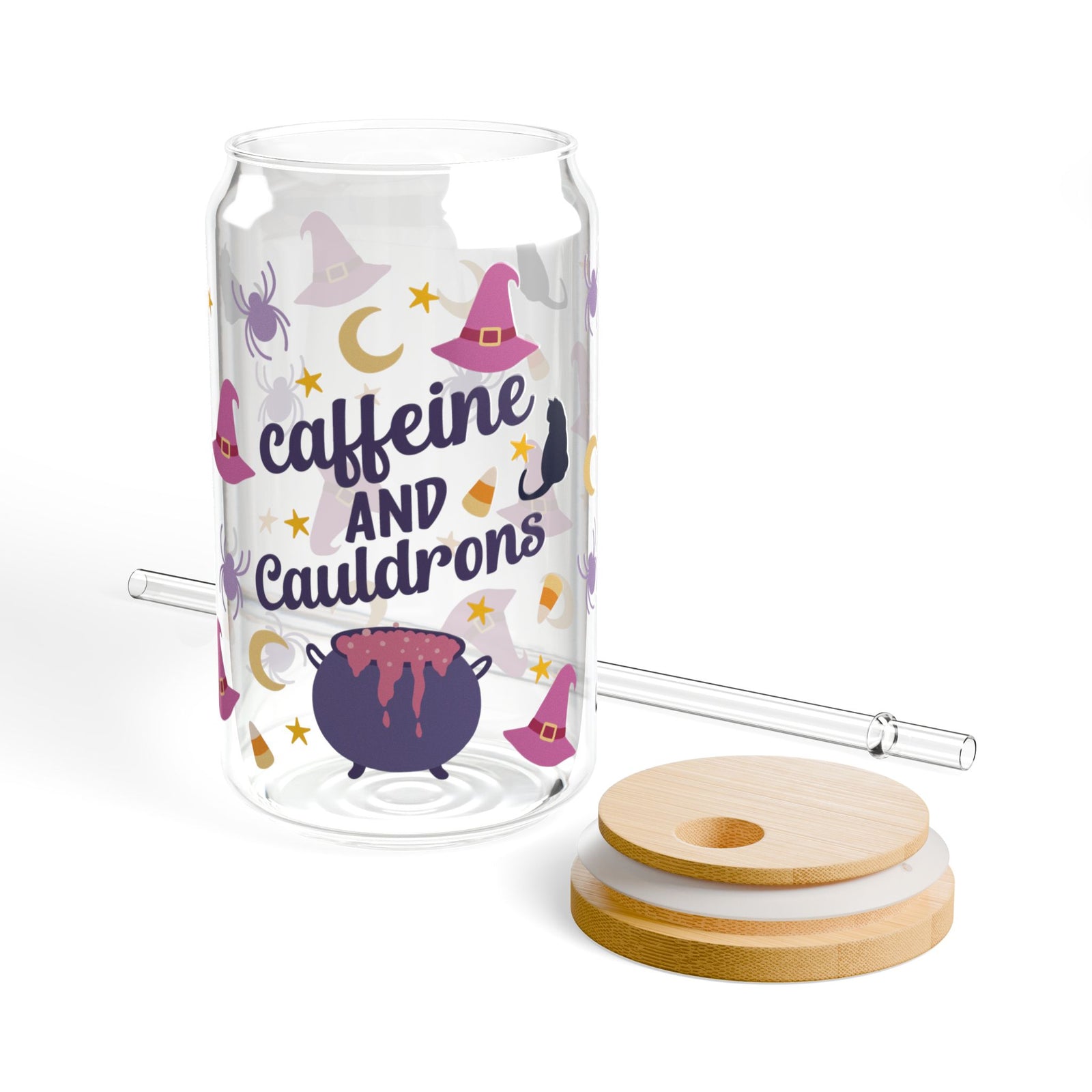 Caffeine and Cauldrons Halloween Sipper Glass 16oz Reusable Drink Jar with Lid & Straw