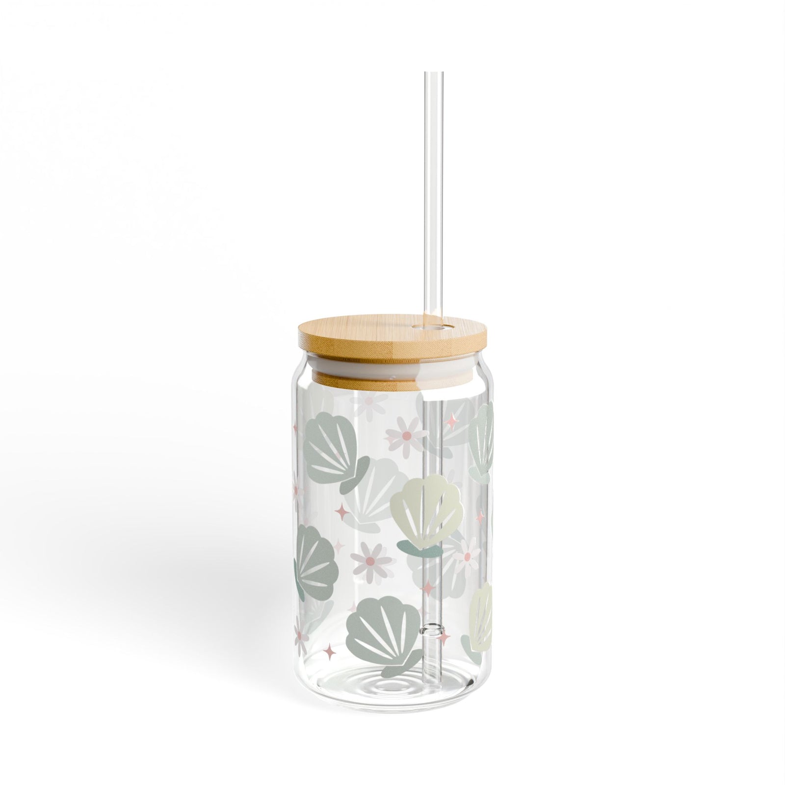 Floral & Seashell Mint Sipper Glass 16oz — Reusable Drink Jar with Lid & Straw