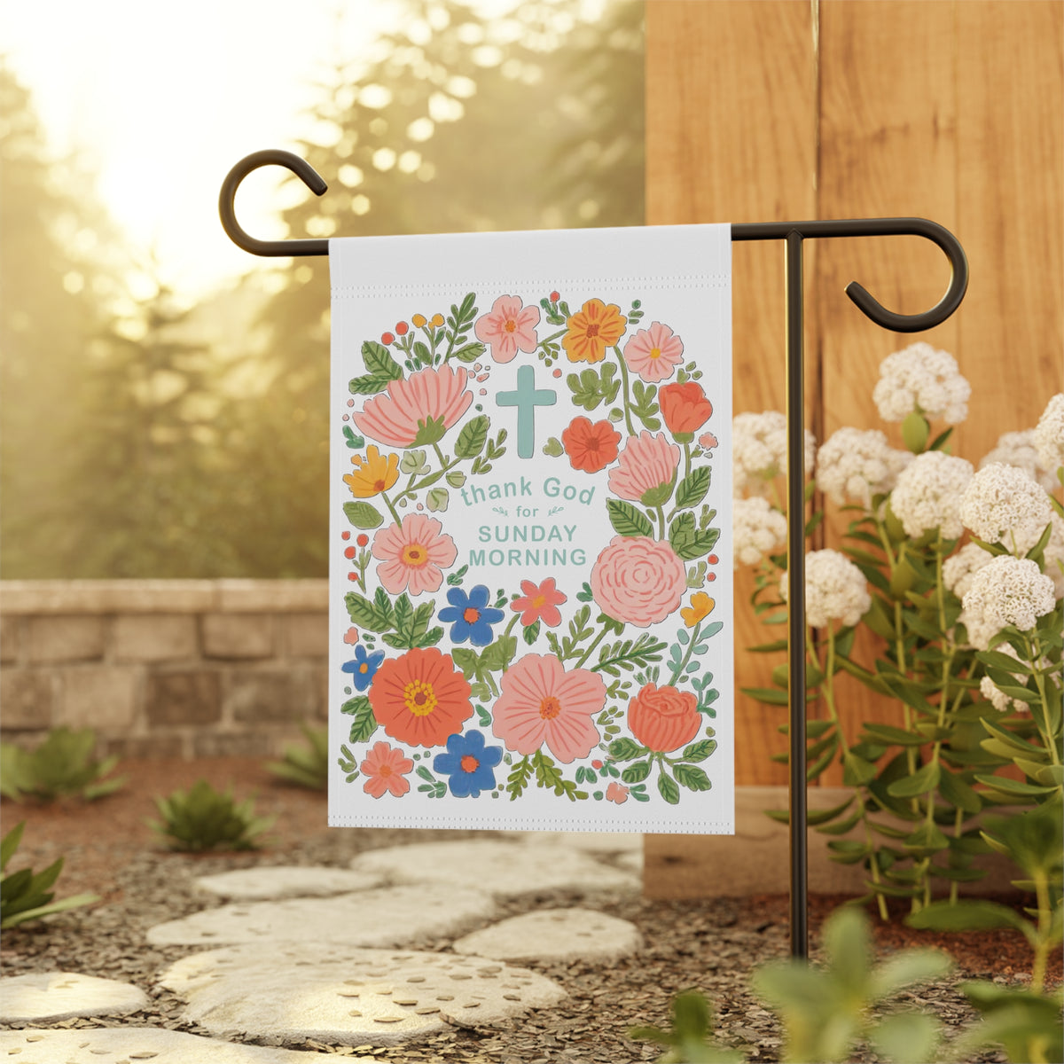 Thank God for Sunday Morning Floral Garden Flag Cross Yard Banner