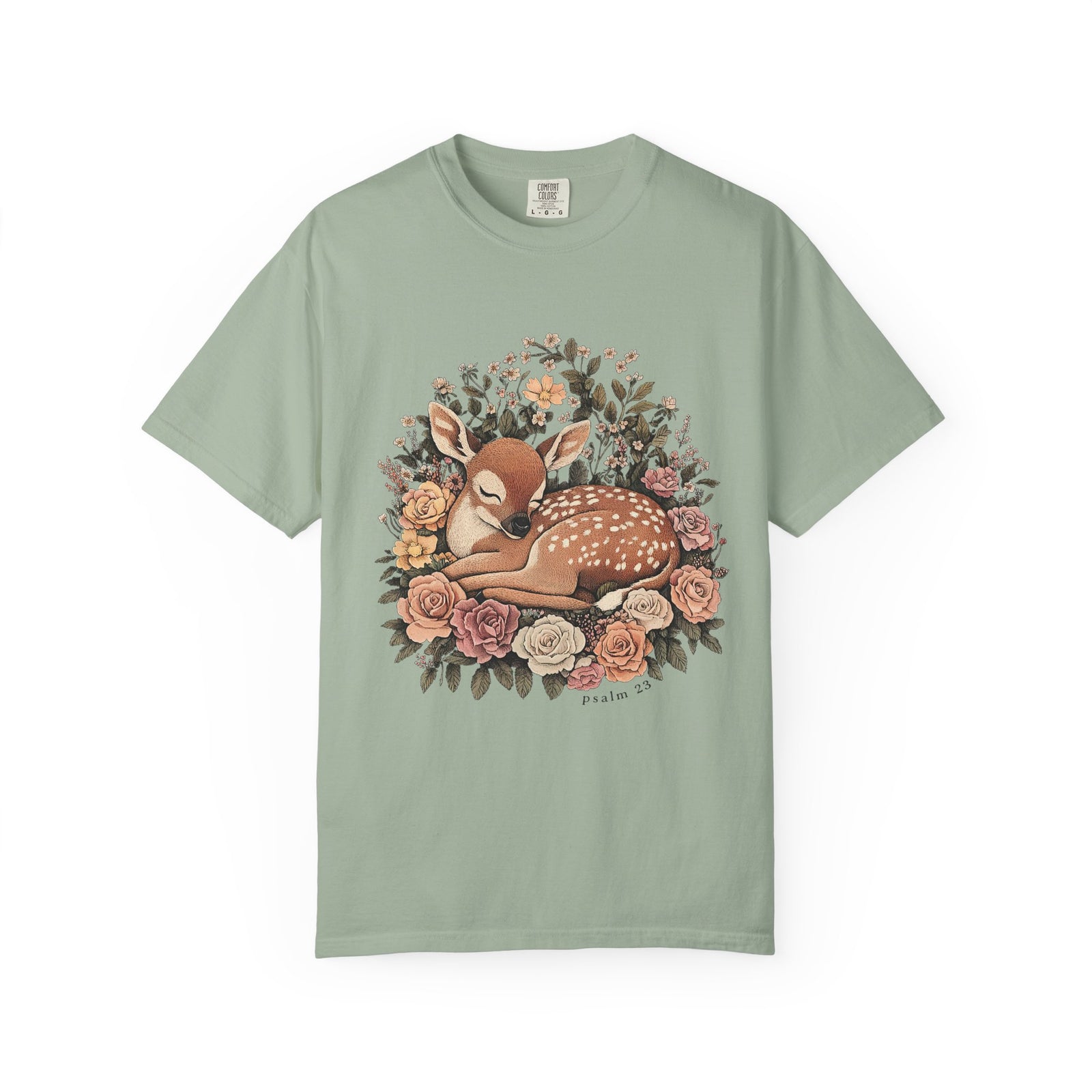 Sleeping Fawn Floral T-Shirt Psalm 23 Inspirational Christian Tee