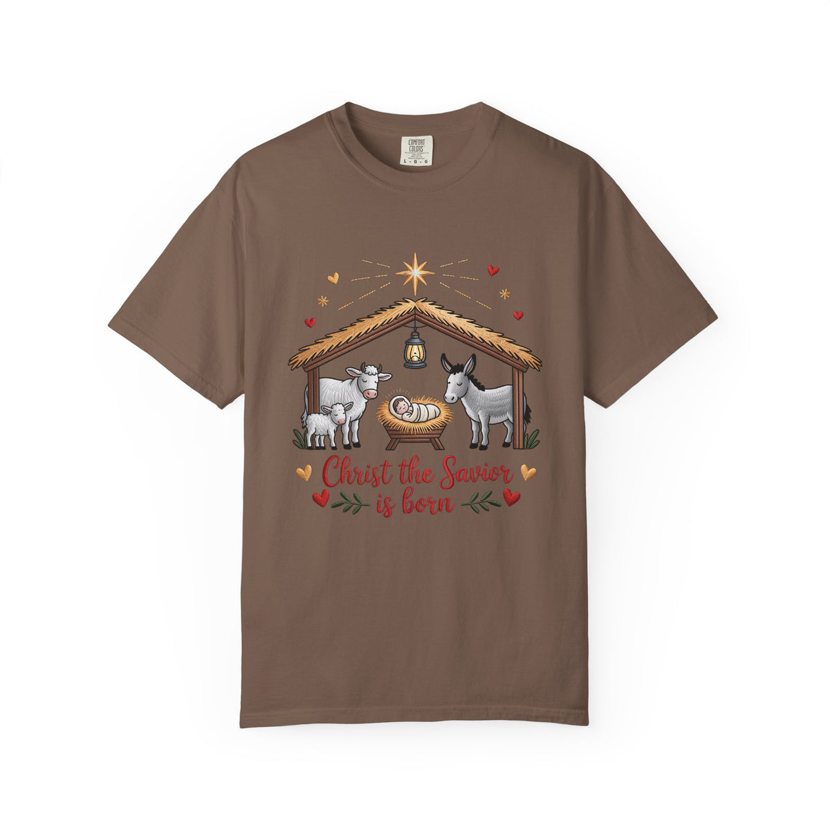 Christ the Savior is Born Faux Embroidery T-Shirt Nativity Scene Graphic Tee