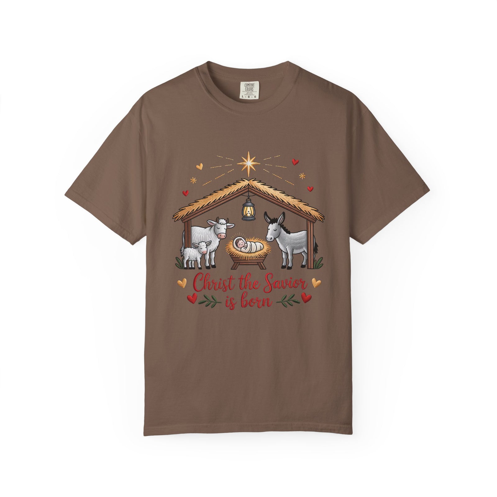 Christ the Savior is Born Faux Embroidery T-Shirt Nativity Scene Graphic Tee