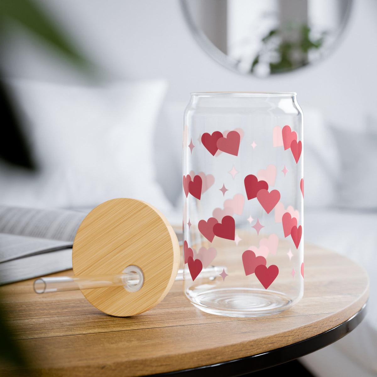 Lovey Dovey Hearts Tumbler Sipper Glass 16oz — Reusable Drink Jar with Lid & Straw - Sydney So Sweet
