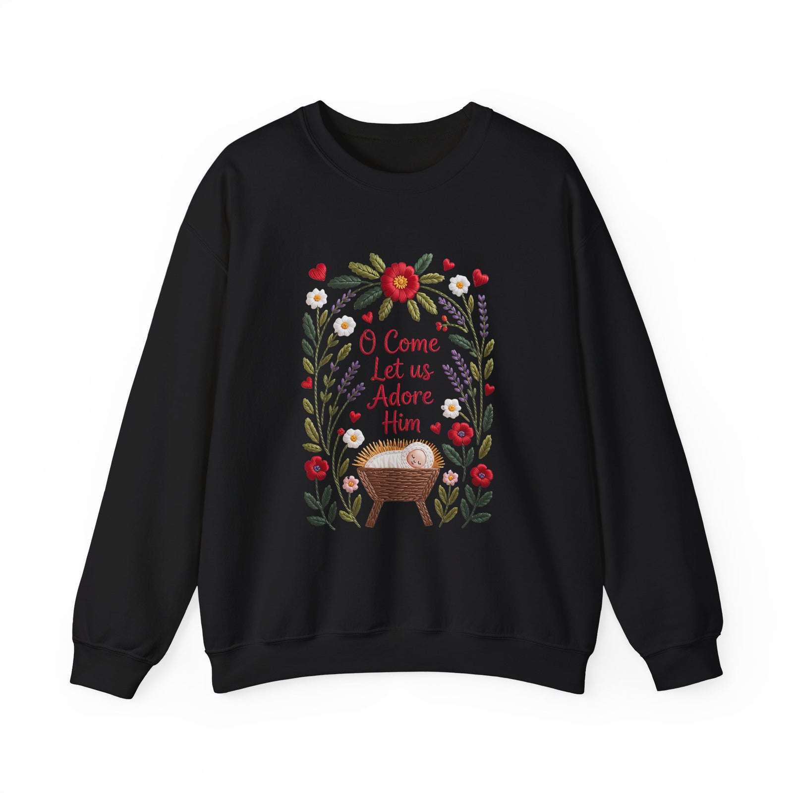 O Come Let Us Adore Him Faux Embroidery Christmas Nativity Crewneck Unisex Sweatshirt