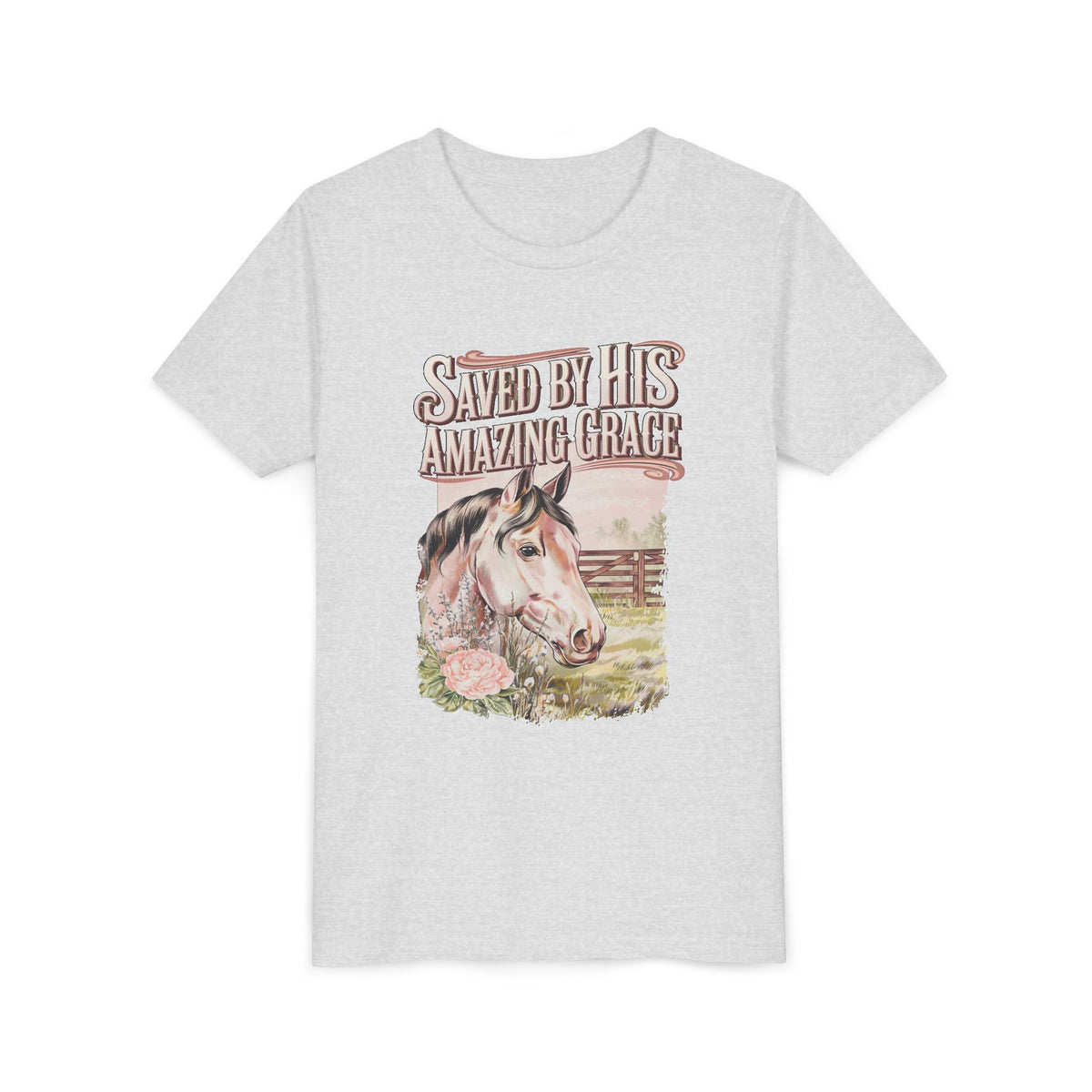Youth Tee — "Saved By His Amazing Grace" Horse Graphic Christian Shirt