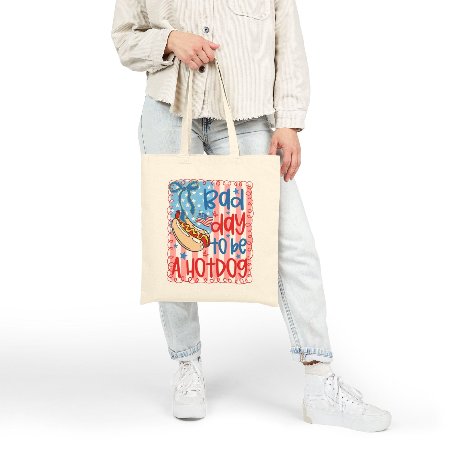Bad Day to Be a Hot Dog Retro 4th of July Cotton Canvas Tote Bag