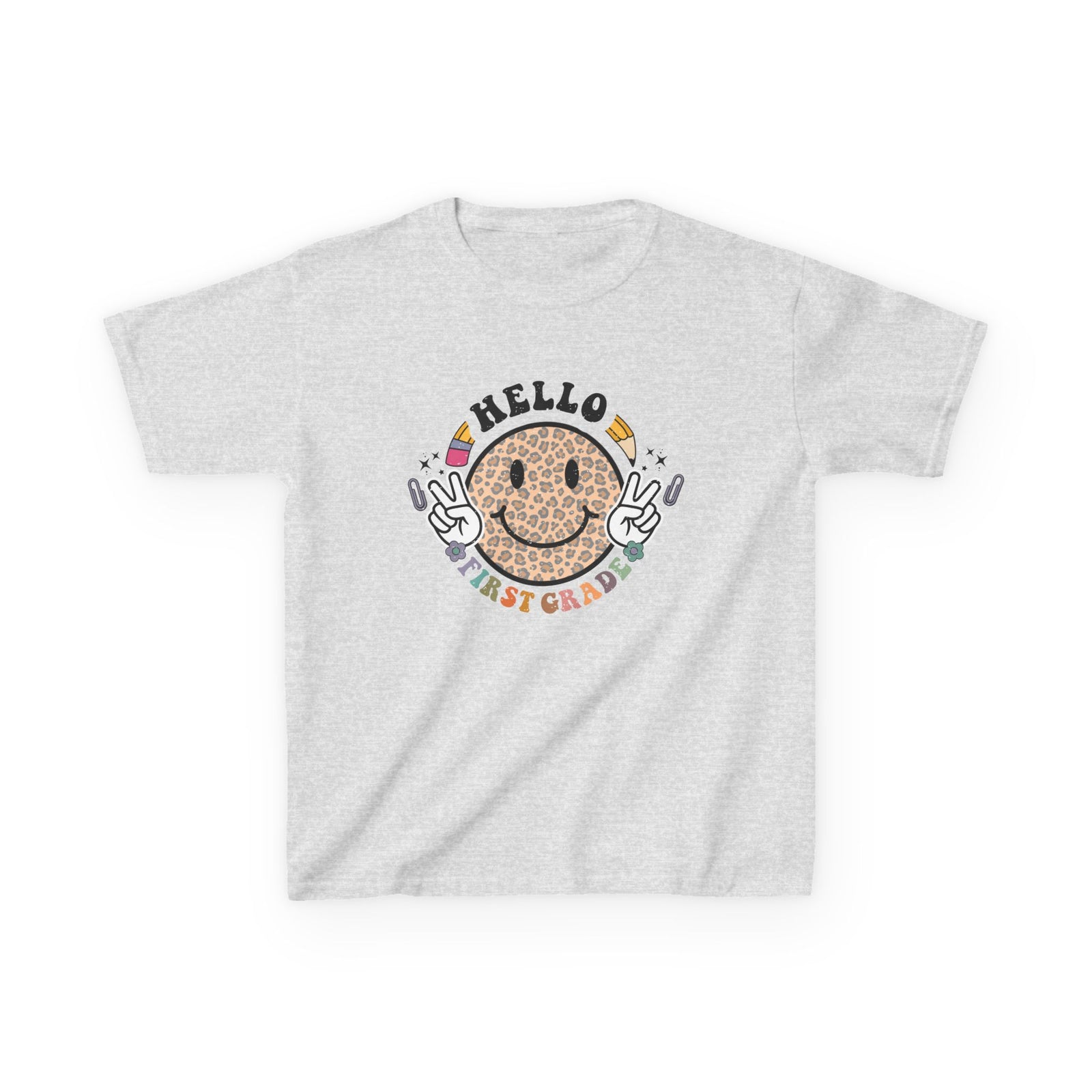 First Grade Cheetah Smiley Face Graphic Tee Back-to-School 1st Grade Kids T-Shirt