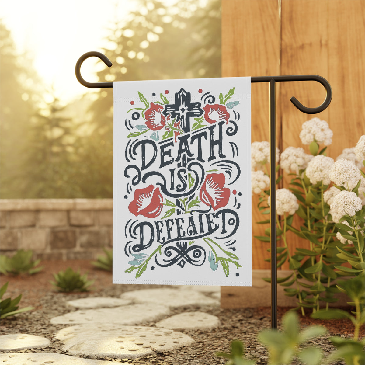 Death Is Defeated Garden Flag Floral Easter Christian Yard Banner
