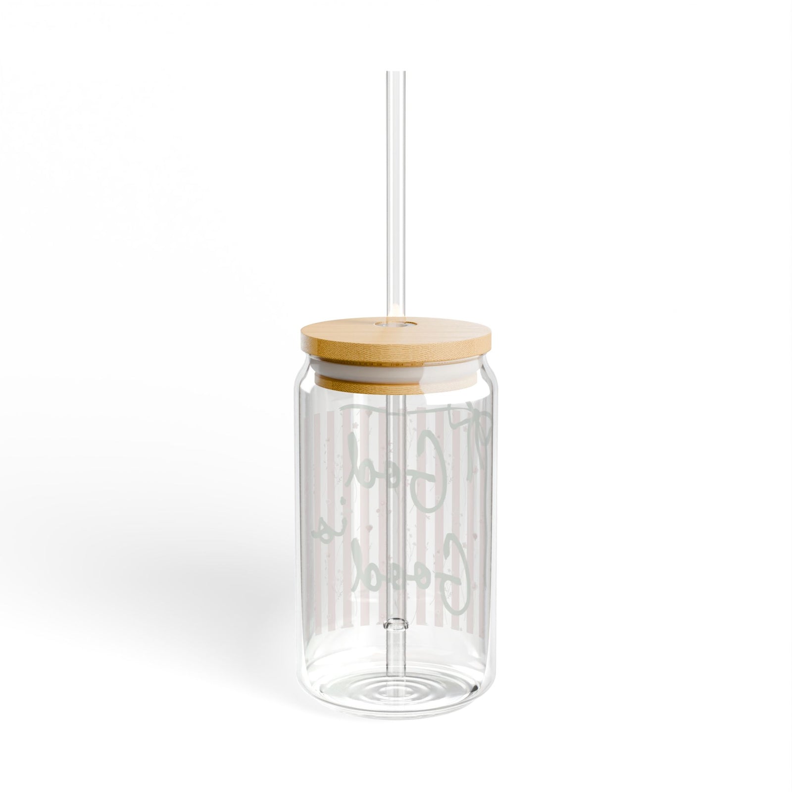 God is Good Pink Stripe Sipper Glass 16oz Reusable Drink Jar with Lid & Straw