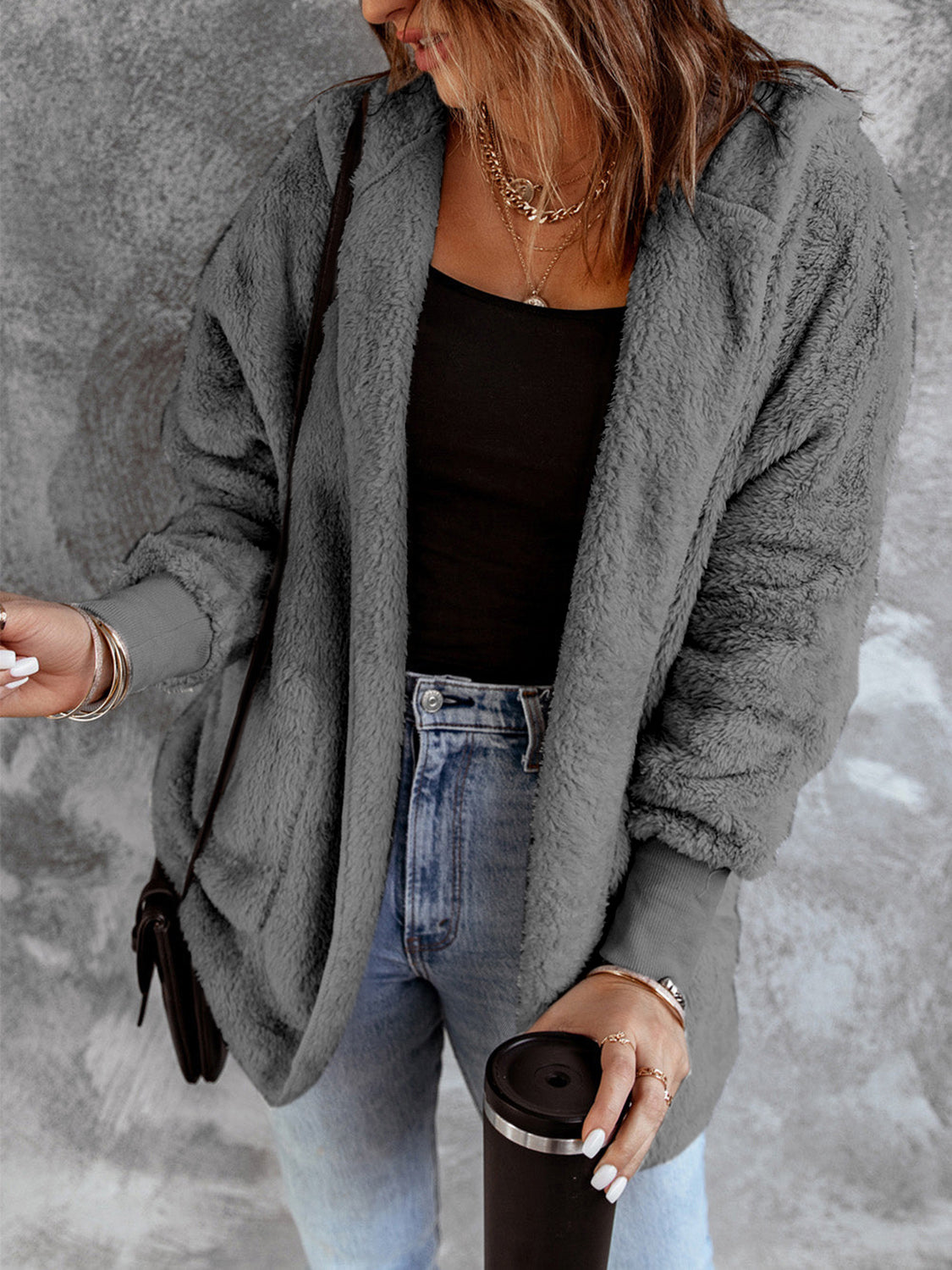 Open Front Hooded Faux Fur Cardigan with Pockets - Sydney So Sweet