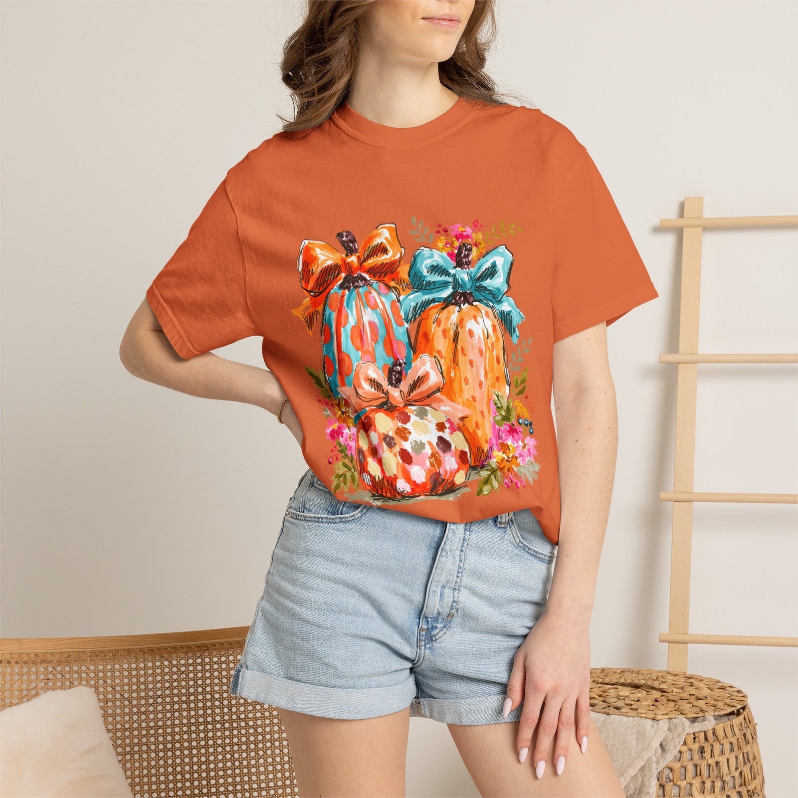 Floral Preppy Coquette Fall Pumpkin T-Shirt Cute Watercolor Graphic Tee