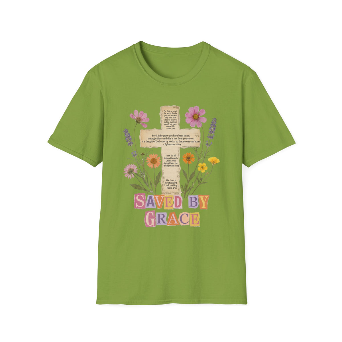 Saved by Grace Collage Floral Cross Tee Bible Verse Christian T-Shirt
