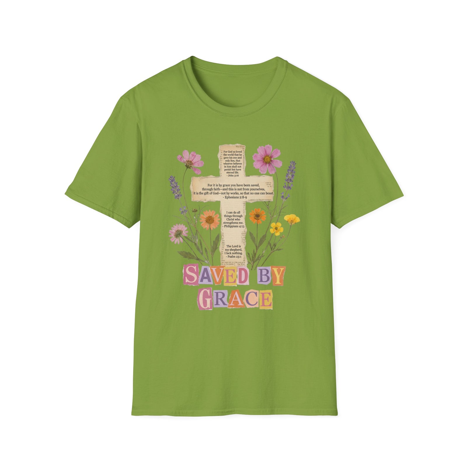 Saved by Grace Collage Floral Cross Tee Bible Verse Christian T-Shirt