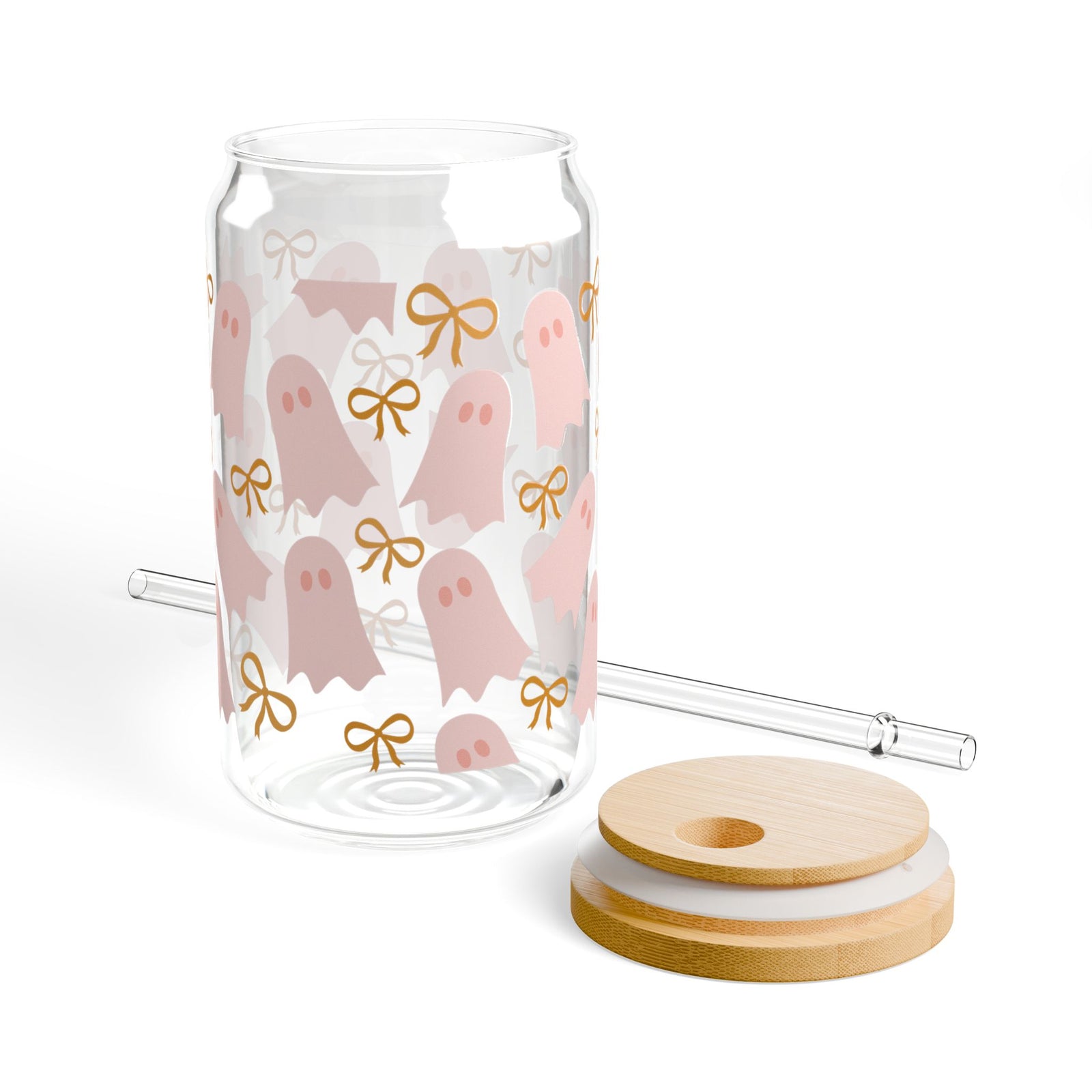 Coquette Bow Pink Ghost Halloween Sipper Glass 16oz Reusable Drink Jar with Lid & Straw