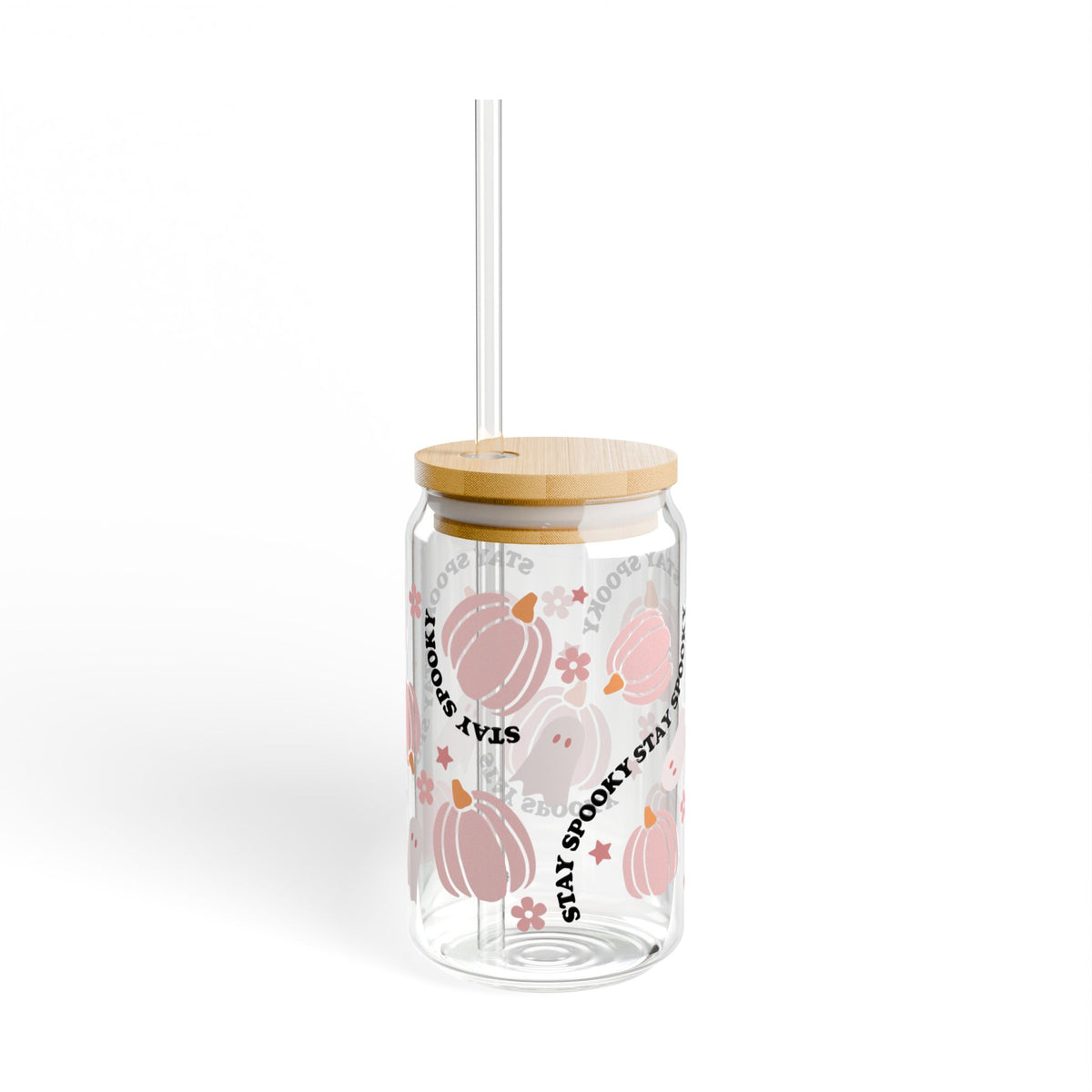 Stay Spooky Pink Pumpkin & Ghost Halloween Sipper Glass 16oz Reusable Drink Jar with Lid & Straw
