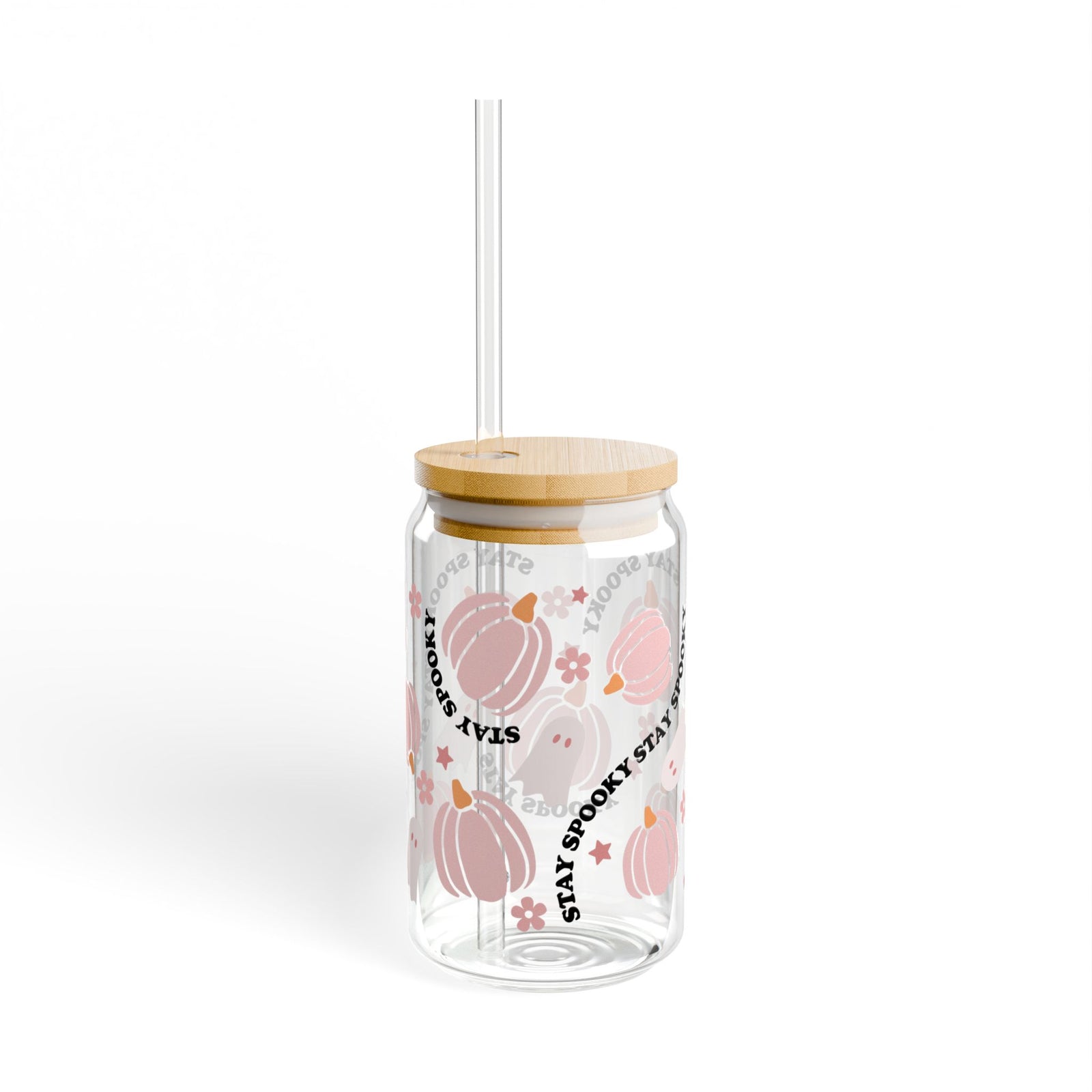 Stay Spooky Pink Pumpkin & Ghost Halloween Sipper Glass 16oz Reusable Drink Jar with Lid & Straw