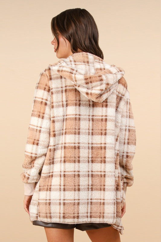 VERY J Fuzzy Plaid Long Sleeve Hooded Jacket - Sydney So Sweet