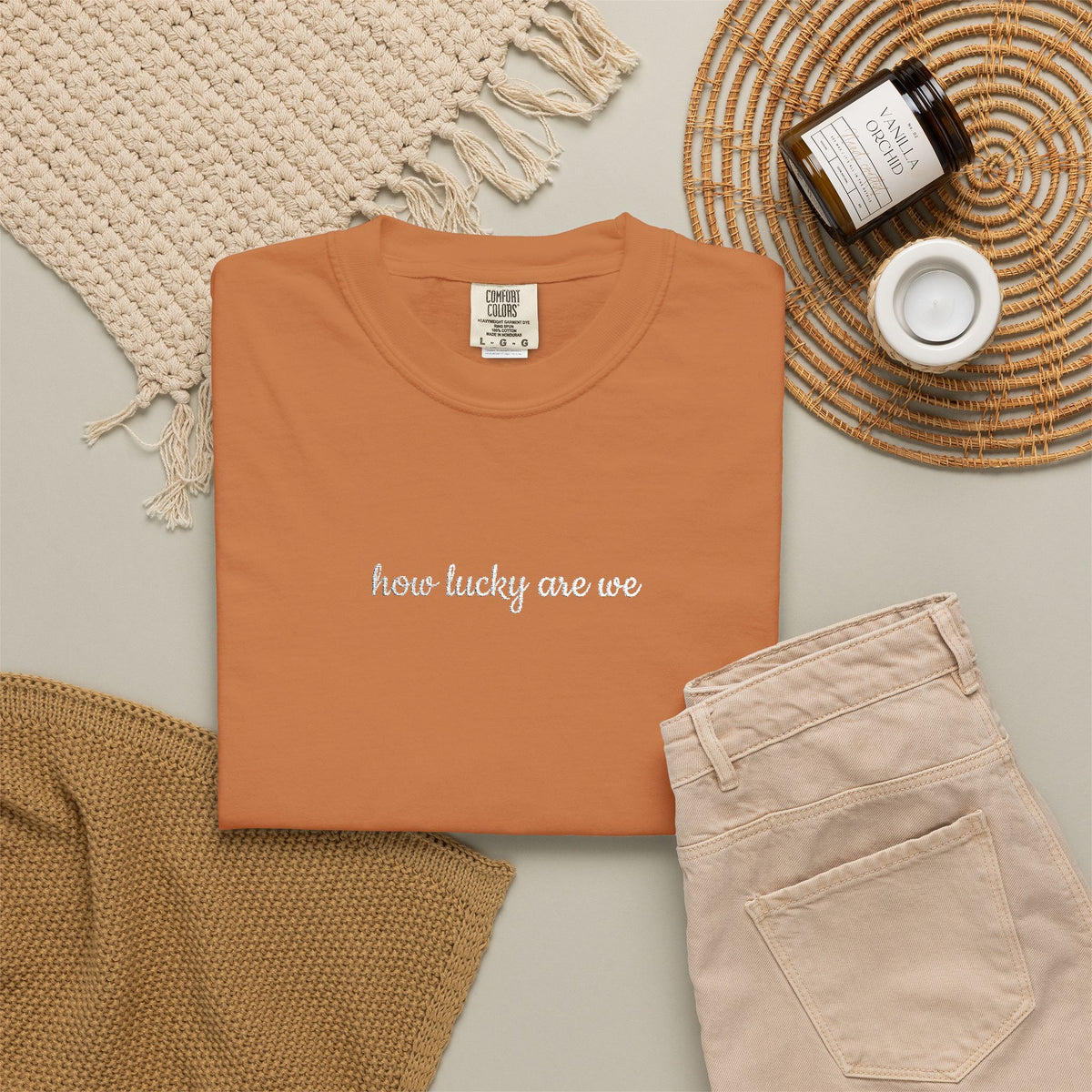 How Lucky are We Embroidered Script Tee Positivity T-Shirt