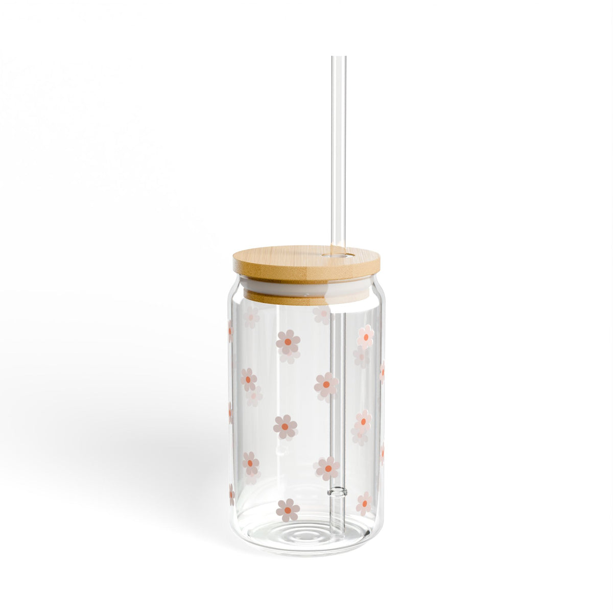 Itty Bitty Daisy Light Pink Sipper Glass 16oz — Reusable Drink Jar with Lid & Straw