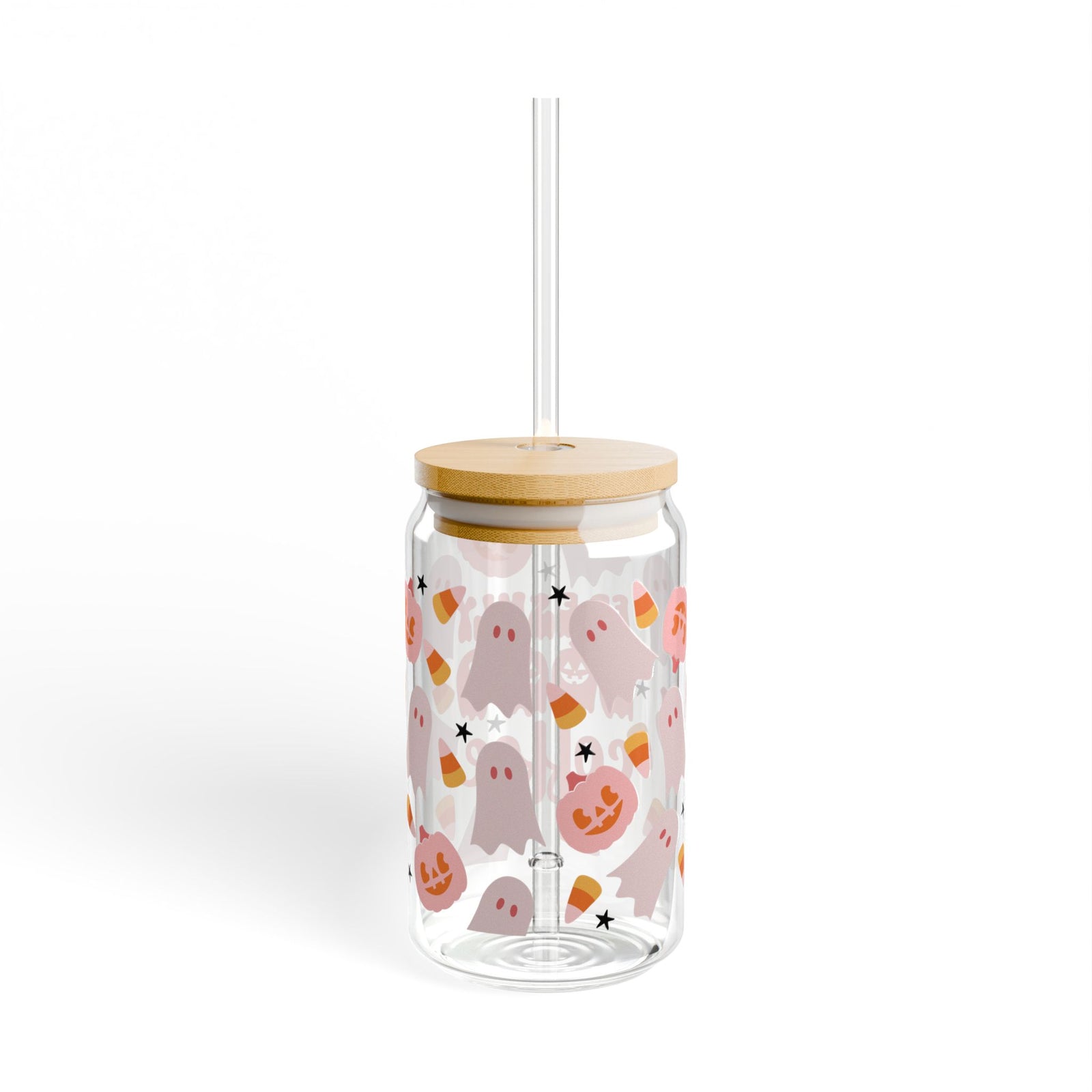 Freshly Boo'd Coffee"Cute Ghost & Candy Corn Sipper Glass 16oz Reusable Drink Jar with Lid & Straw