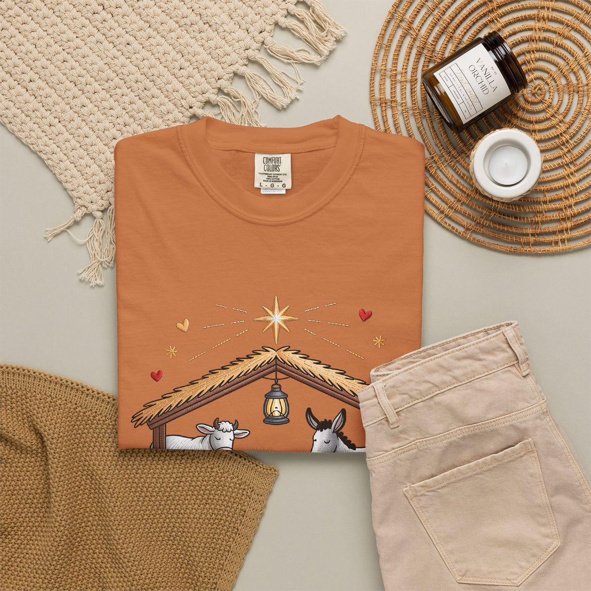 Christ the Savior is Born Faux Embroidery T-Shirt Nativity Scene Graphic Tee