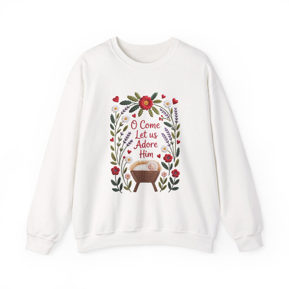 O Come Let Us Adore Him Faux Embroidery Christmas Nativity Crewneck Unisex Sweatshirt