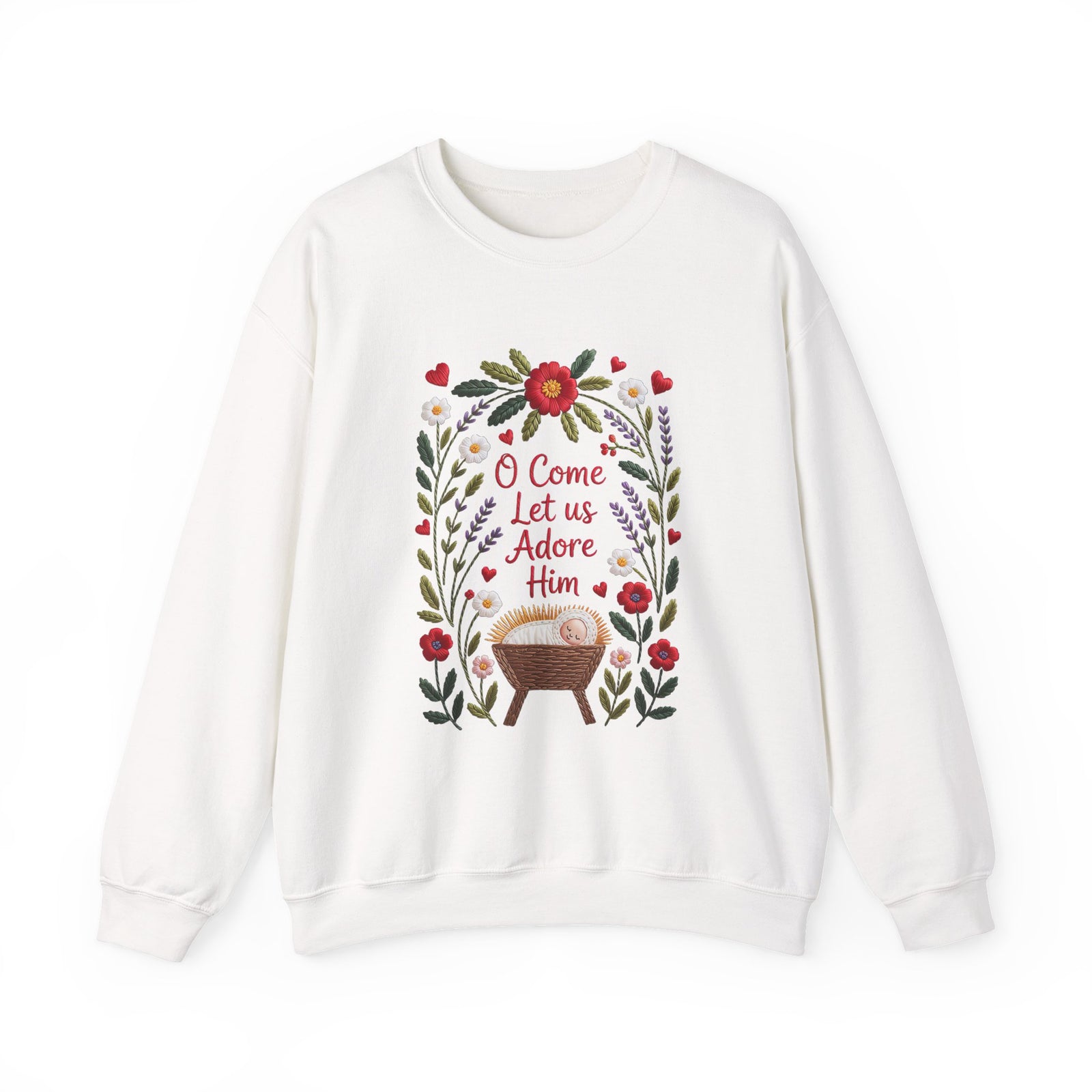 O Come Let Us Adore Him Faux Embroidery Christmas Nativity Crewneck Unisex Sweatshirt