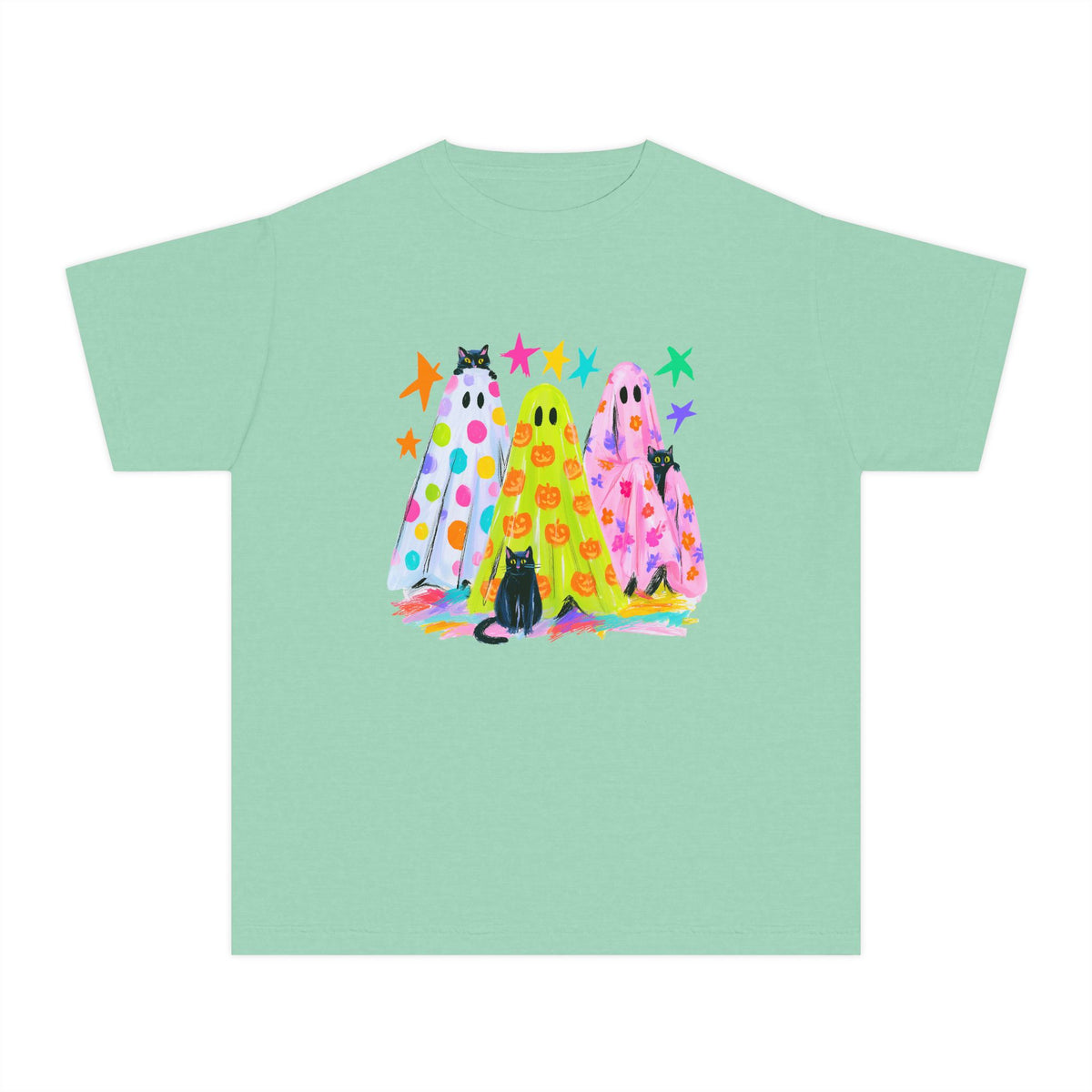 Colorful Polka Dot Halloween Ghost T-Shirt Fun Kids Graphic Tee