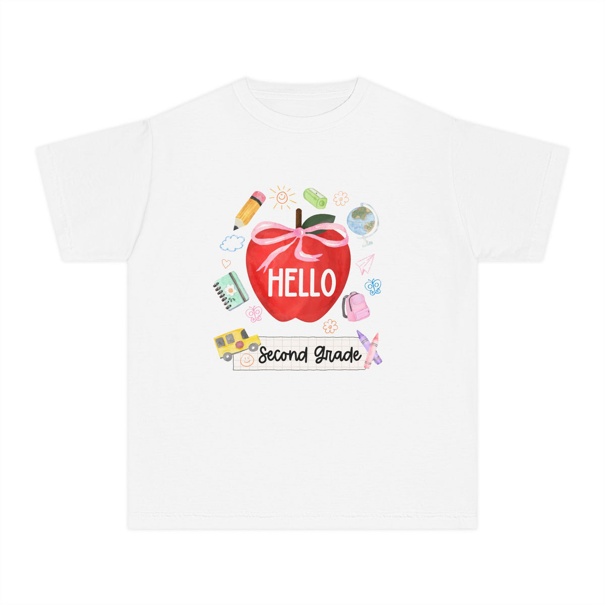 Hello Second Grade Preppy Coquette Apple Graphic Tee Back to School 2nd Grade T-Shirt